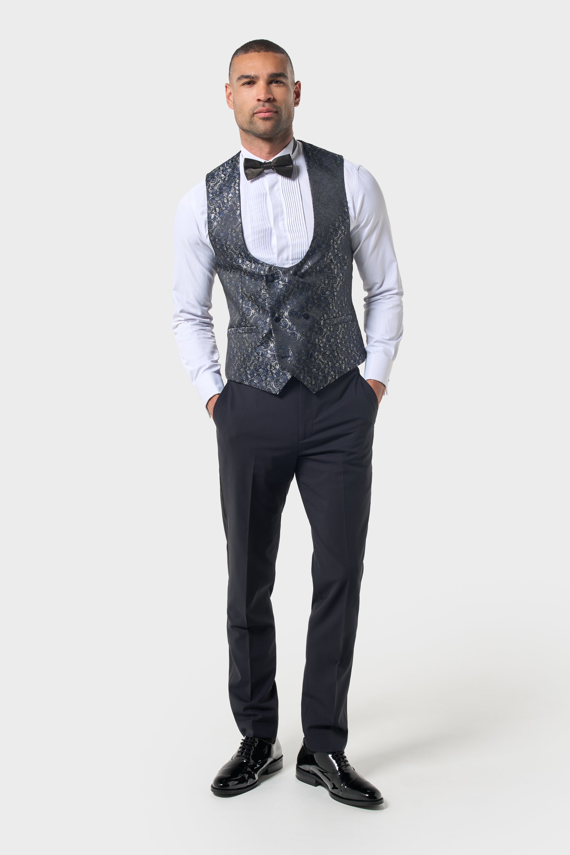 Men’s Double Breasted Paisley Jacquard Waistcoat - Style Toros Navy Model Front Picture