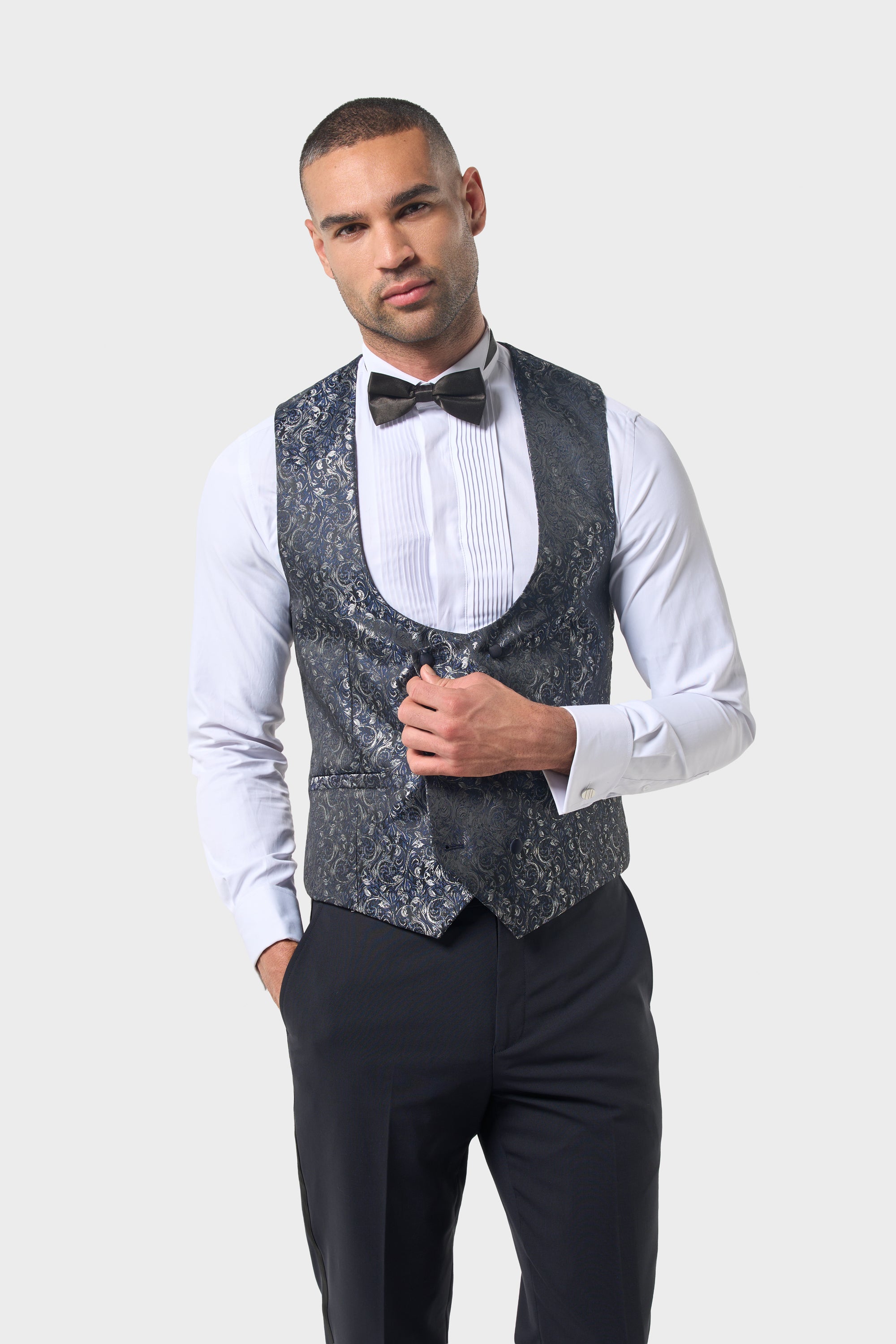 Men’s Double Breasted Paisley Jacquard Waistcoat - Style Toros Navy
