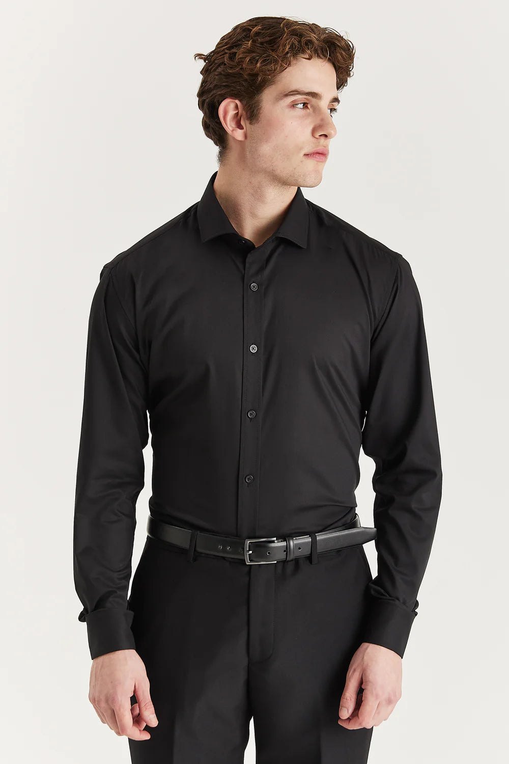 Men's Double Cuff Tailored Fit Formal Shirt - Black Model Picture