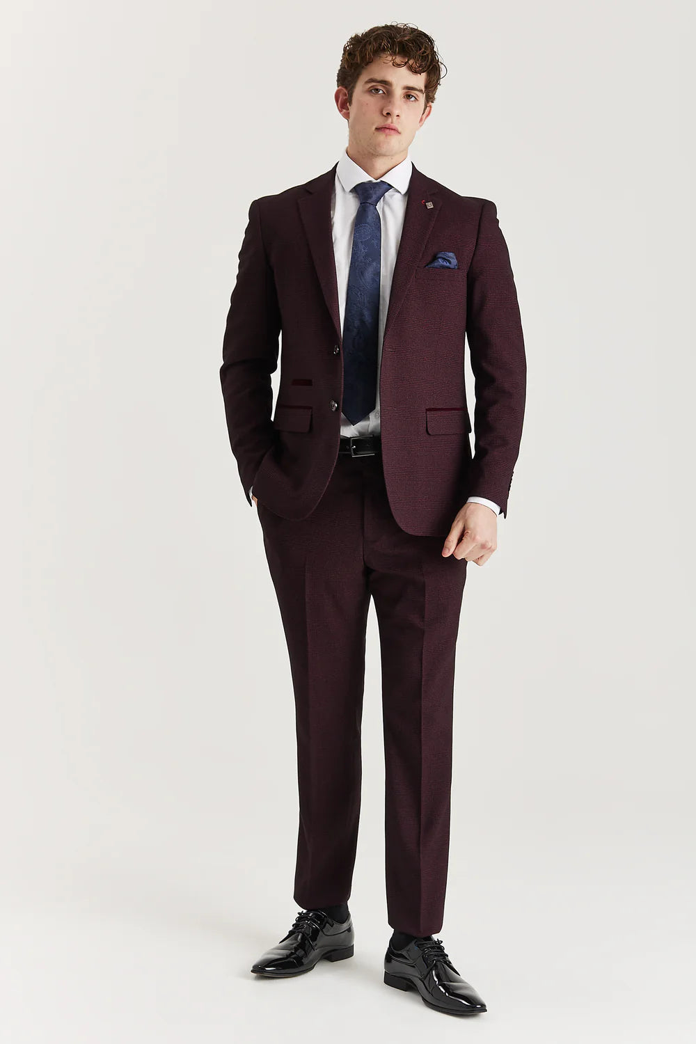 Men’s Glen Check Formal Trousers - Regent - Wine Red Model Front Picture