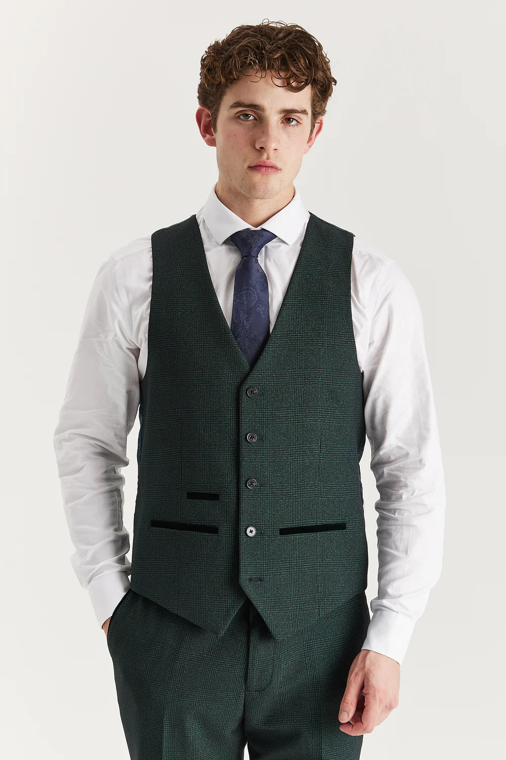 Men’s Glen Check Formal Waistcoat - Regent - Olive Green Front Picture