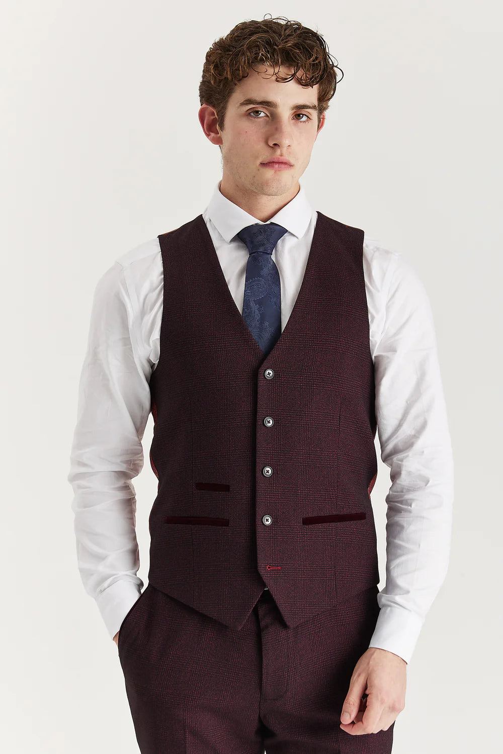 Men’s Glen Check Formal Waistcoat - Regent - Wine Red Front Picture