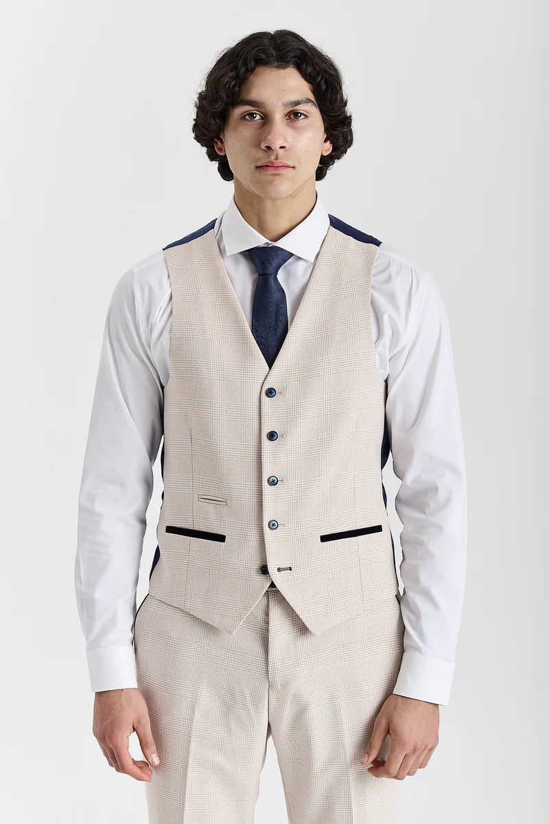 Men’s 3-Piece Glen Check Tweed Like Suit - Regent - Cream Waistcoat Picture