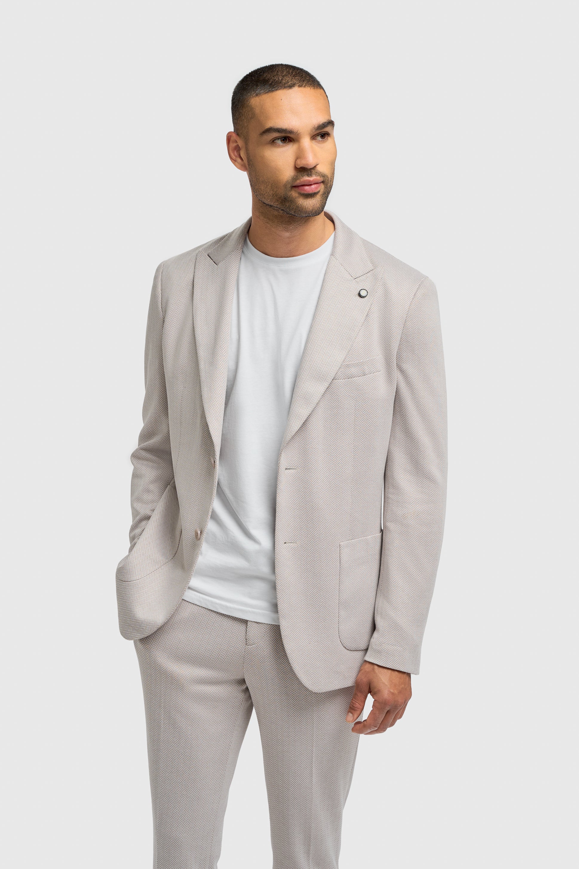 Men’s Herringbone Casual Suit Jacket - Vasco - Beige Front Picture