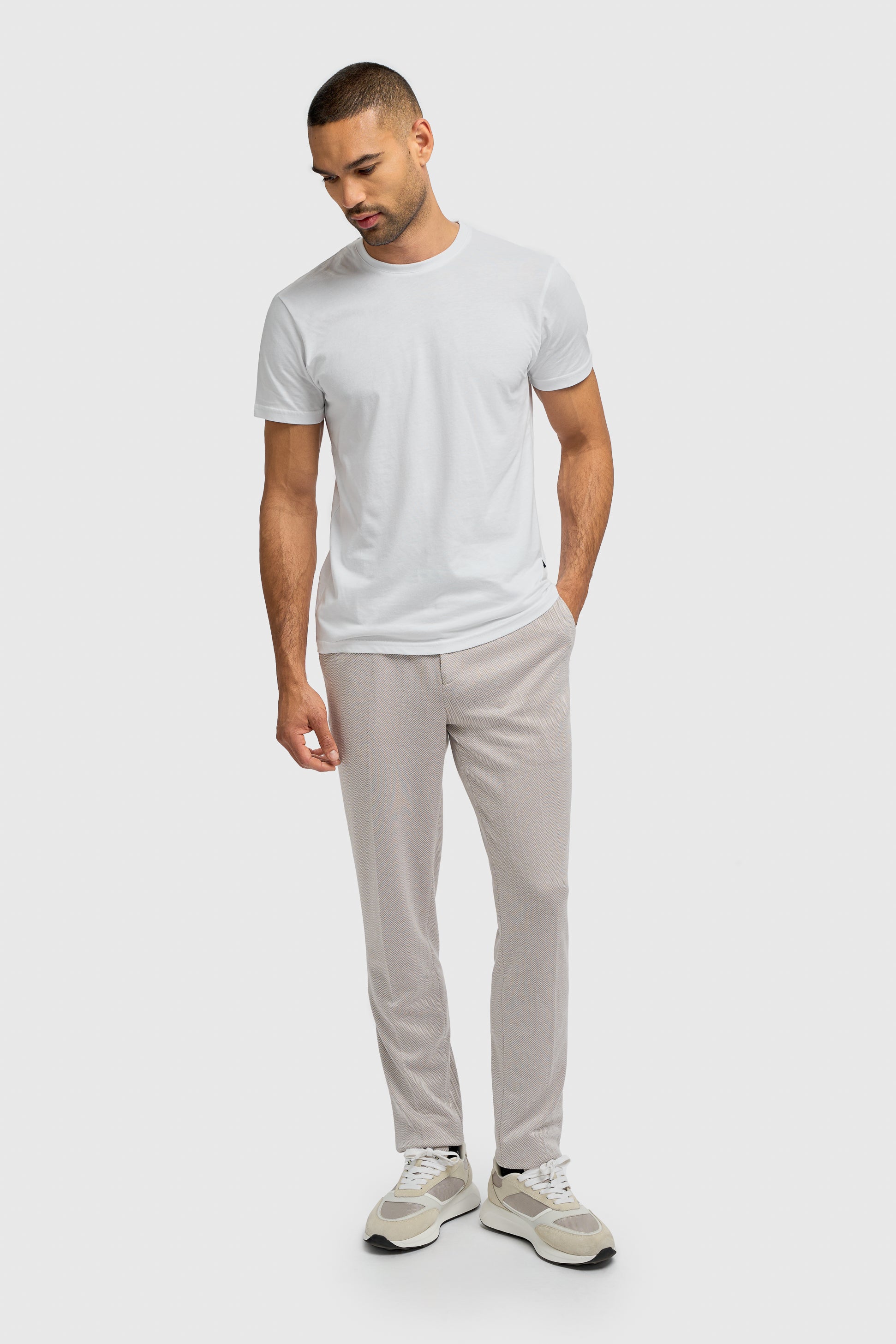 Men’s Herringbone Casual Trousers - Vasco - Beige Model Picture