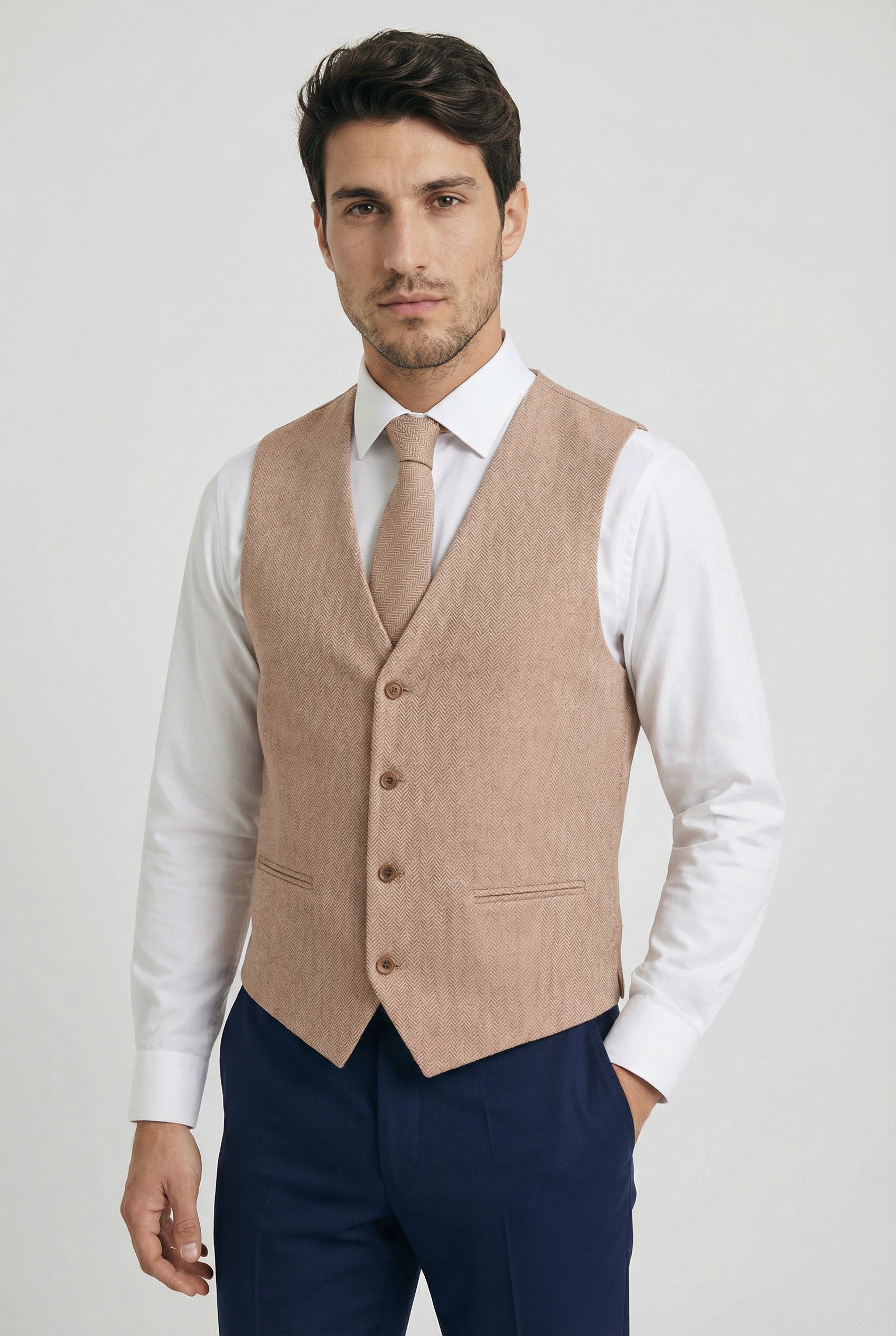 Men’s Herringbone Waistcoat Set - Tan Brown Model Picture