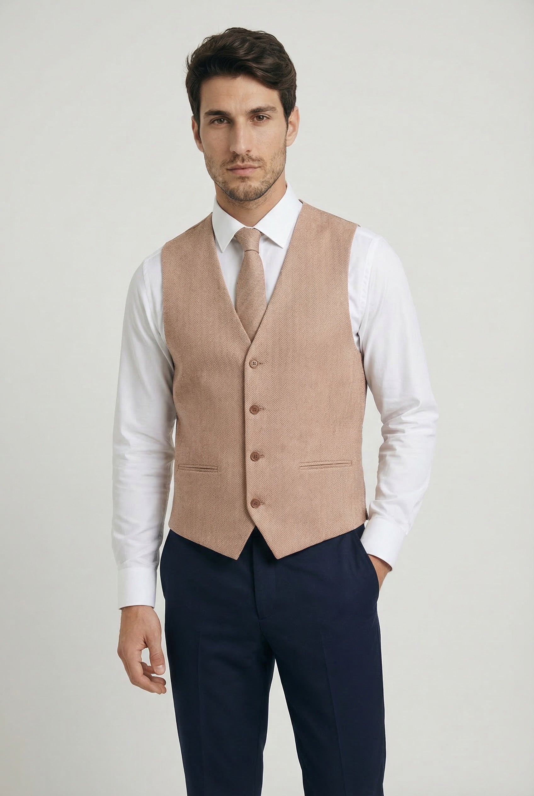 Men’s Herringbone Waistcoat Set - Tan Brown