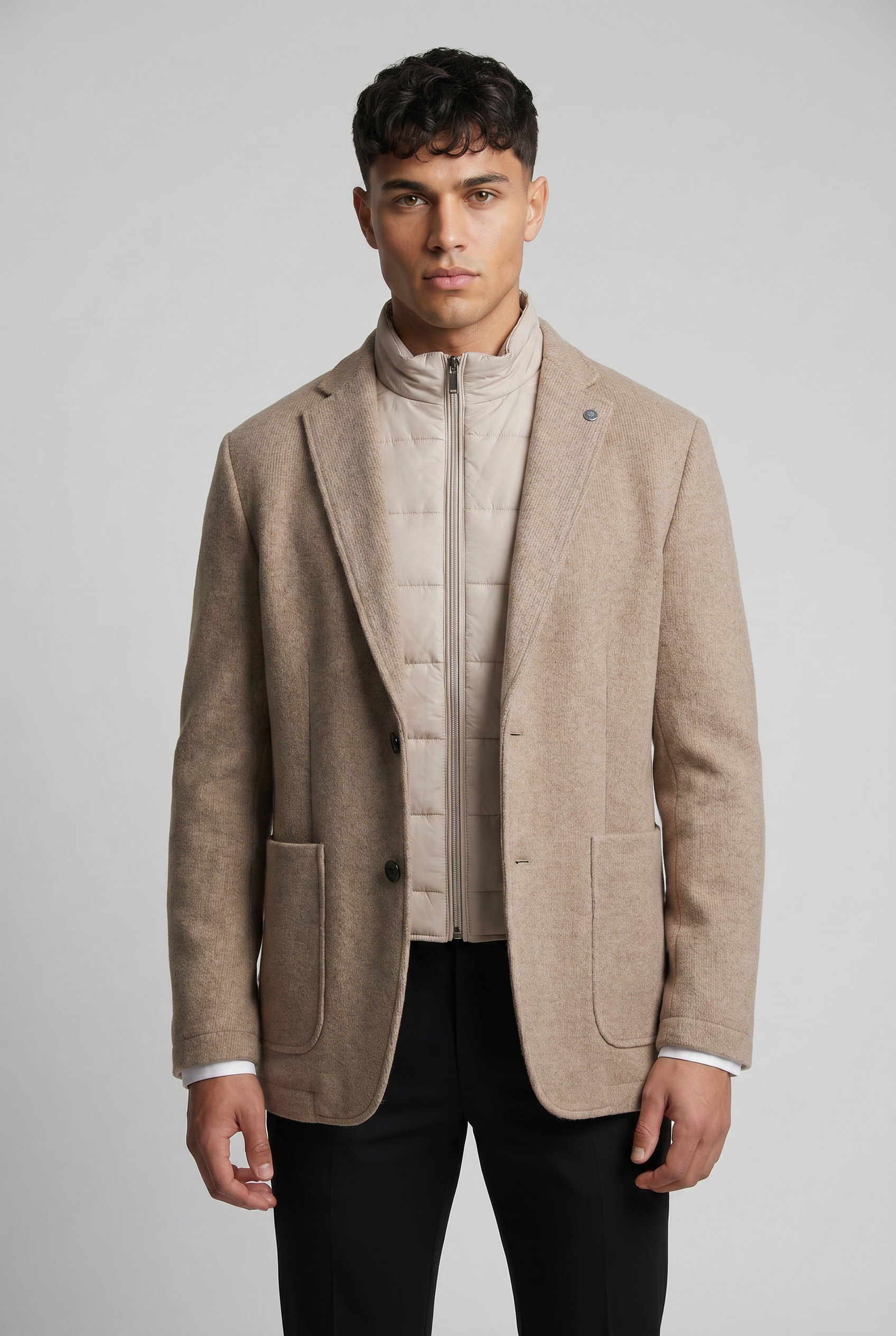 Men’s Hybrid Knit Blazer with Quilted Bib - Khaki Beige