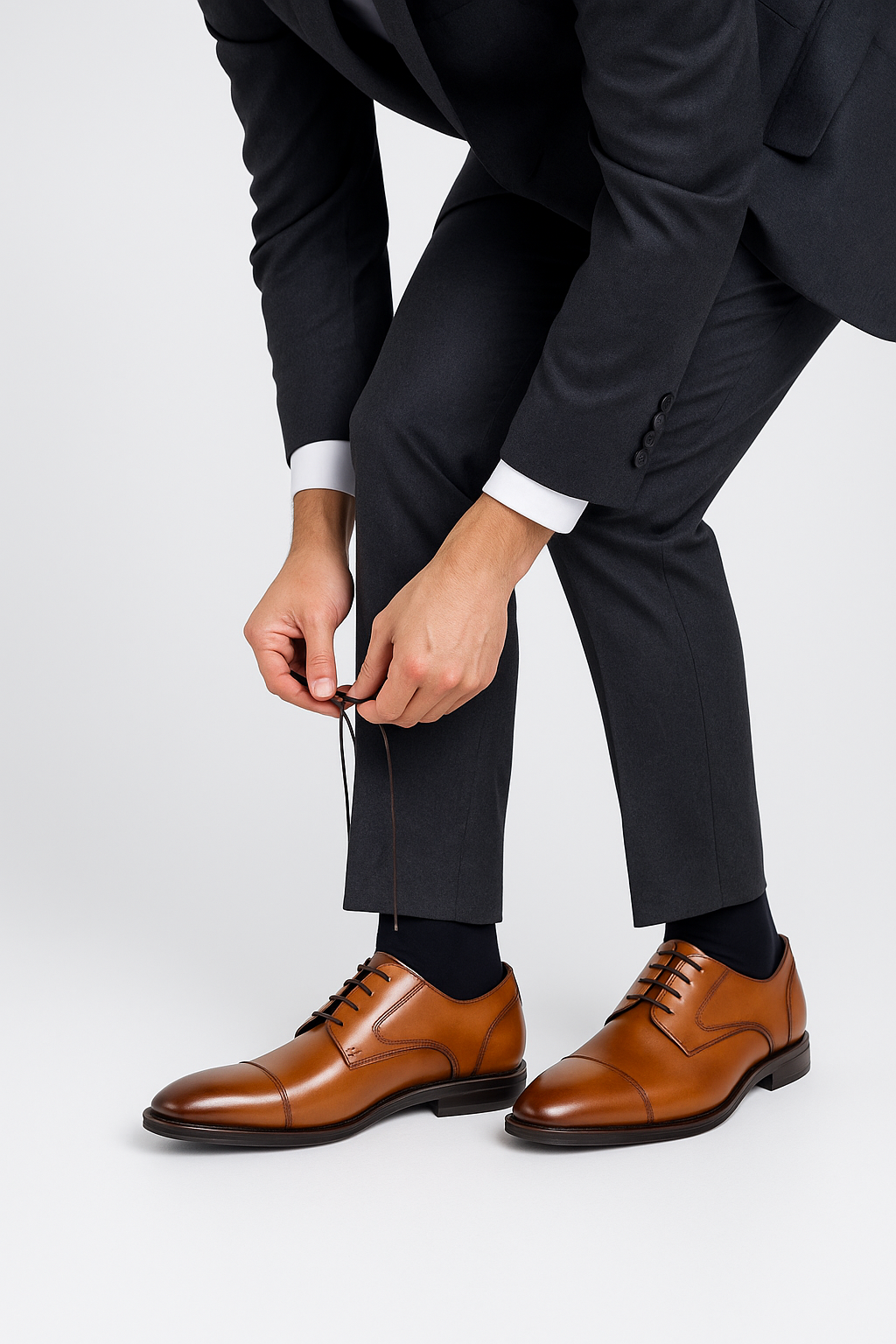Men’s Leather Cap Toe Derby Dress Shoes - Regent - Tan Model Picture