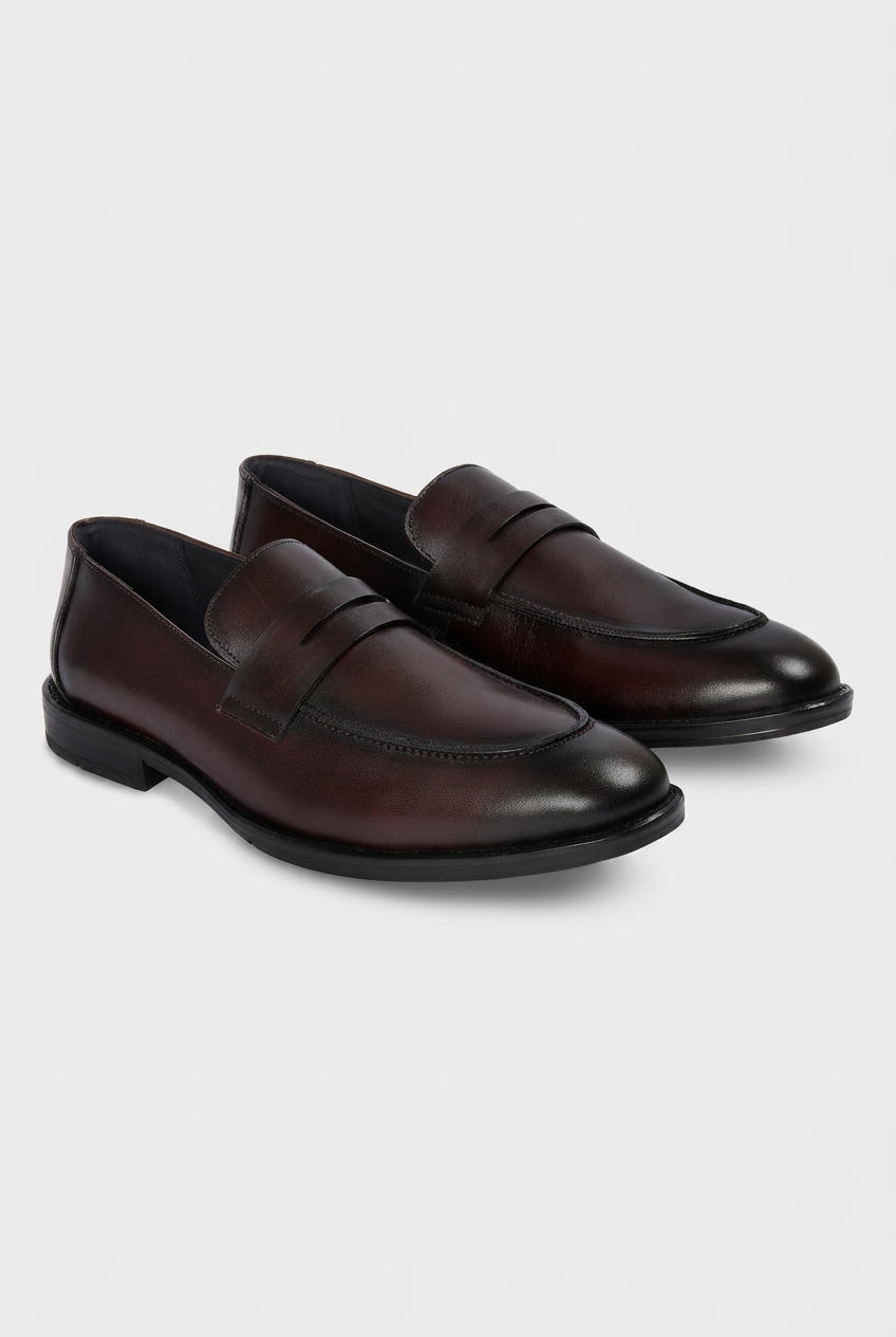 Men’s Leather Penny Loafer Shoes - Brown Pair Side Picture