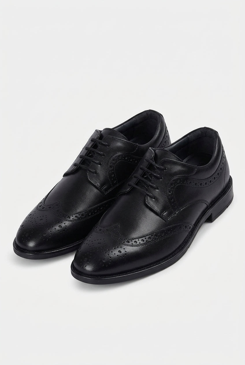 Men’s Leather Wingtip Brogue Derby Dress Shoes - Cambridge - Black Pair Side Picture