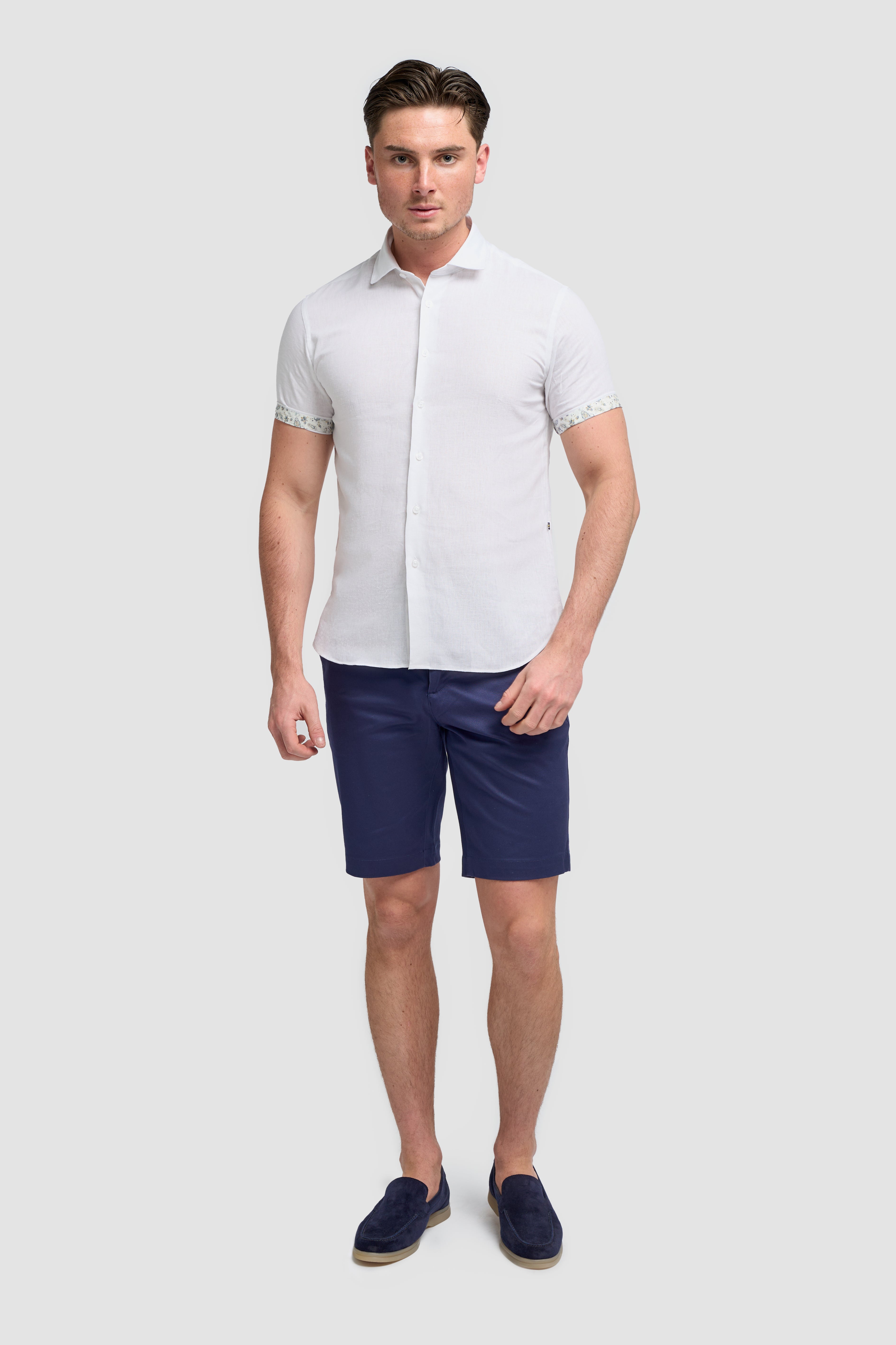 Men’s Linen Blend Short Sleeve Shirt with Cuff Trim - Matera - White Model Front Picture