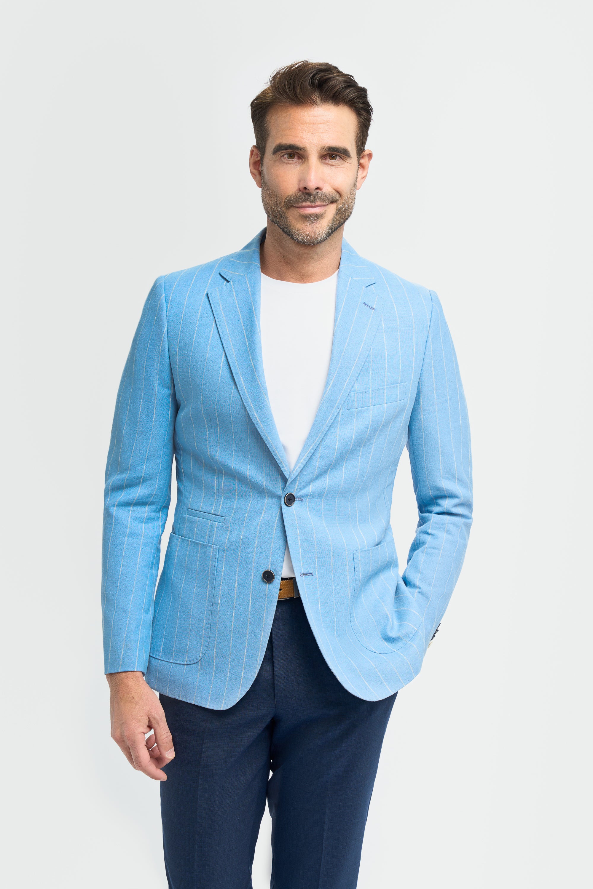 Men’s Linen Pinstripe Blazer with Patch Pockets - Piero -Blue Model Picture