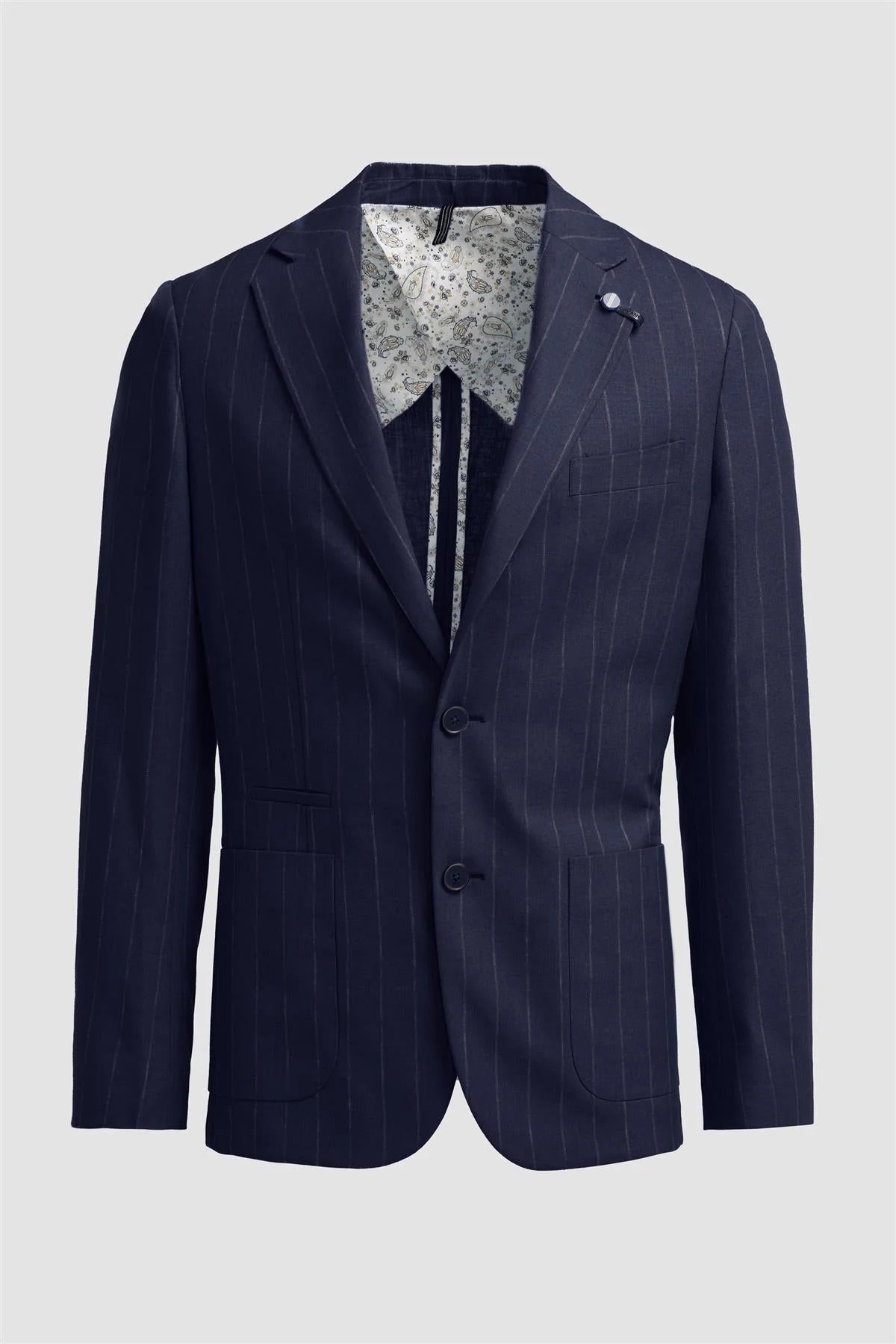 Blazer rayé en lin pour homme avec poches plaquées - Piero - Bleu marine