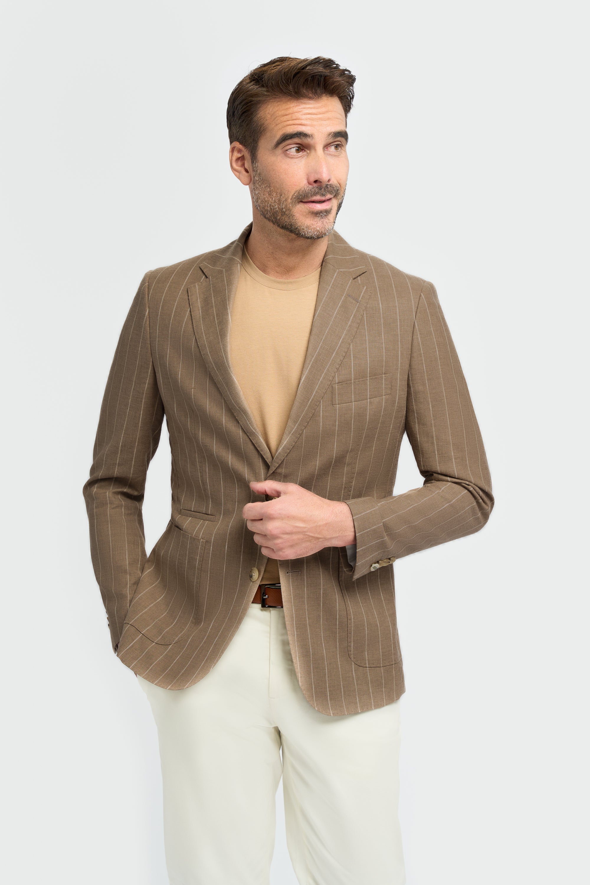 Men’s Linen Pinstripe Blazer with Patch Pockets - Piero - Sand Beige Model Picture