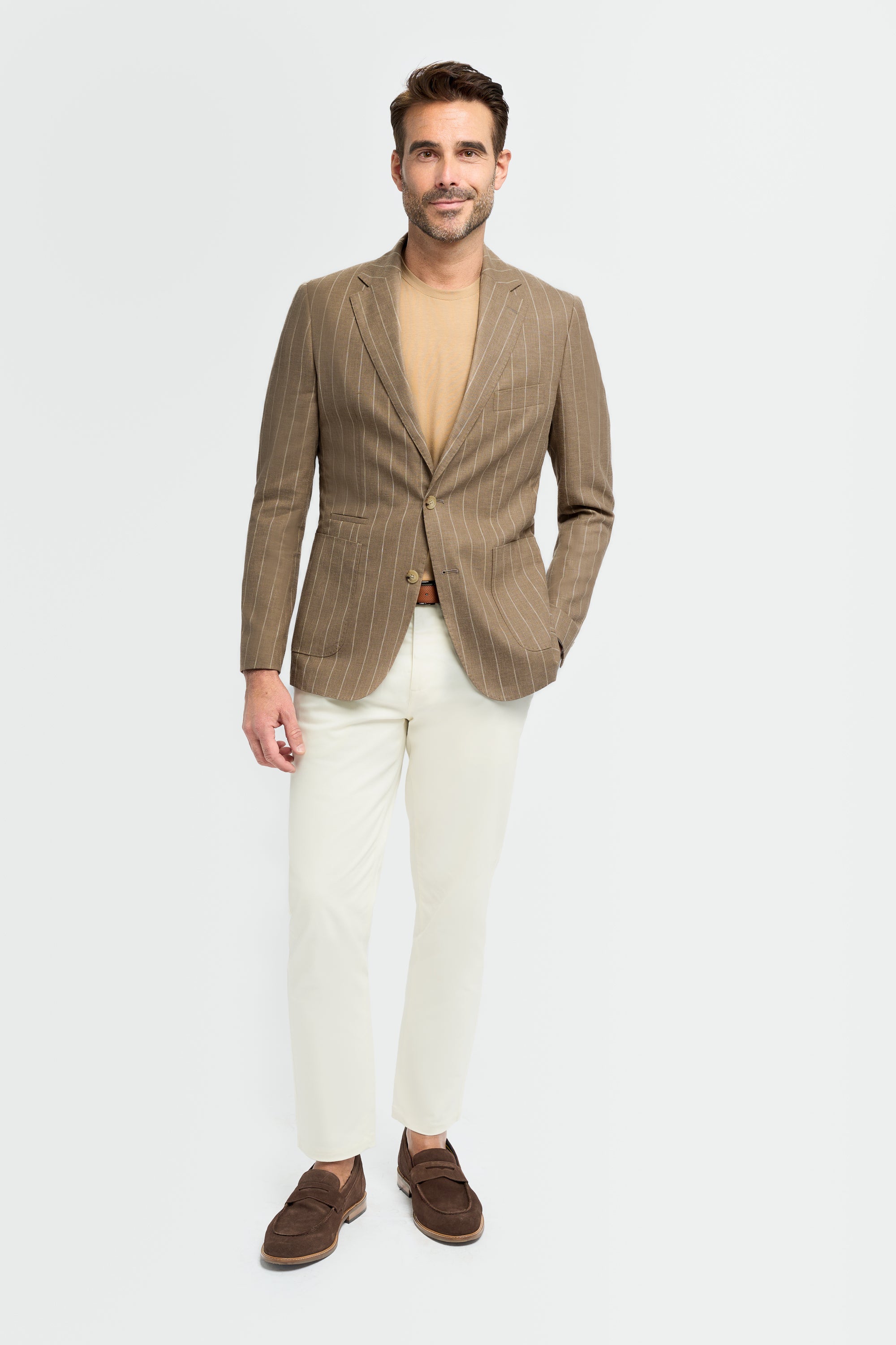 Men’s Linen Pinstripe Blazer with Patch Pockets - Piero - Sand Beige Model Front Picture