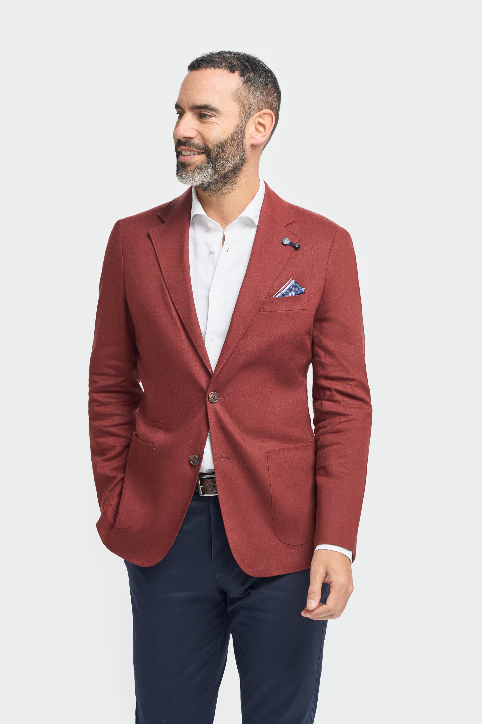 Men’s Linen Slim Fit Casual Blazer with Patch Pockets - Luca - Rust Red Model Picture