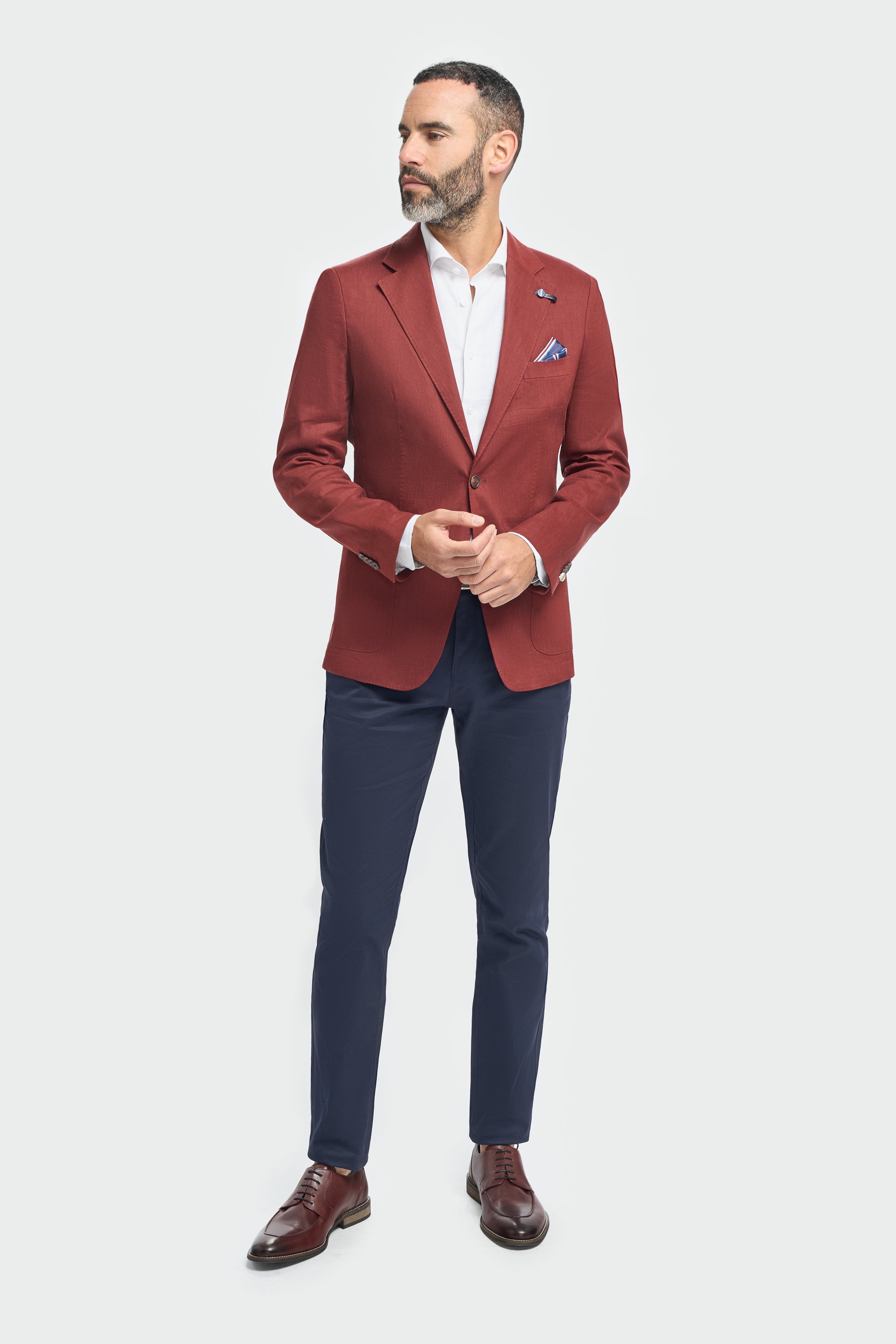 Men’s Linen Slim Fit Casual Blazer with Patch Pockets - Luca - Rust Red Model Front Picture