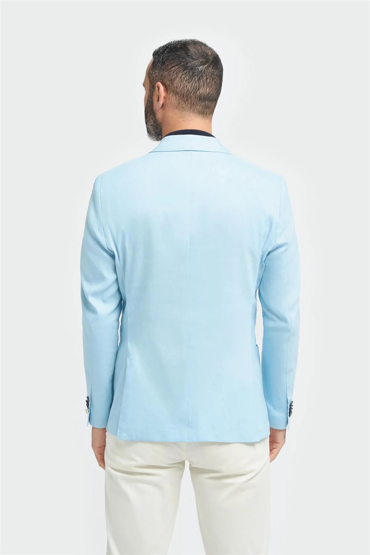 Men’s Linen Slim Fit Casual Blazer with Patch Pockets - Luca - Sky Blue Jacket Back Picture