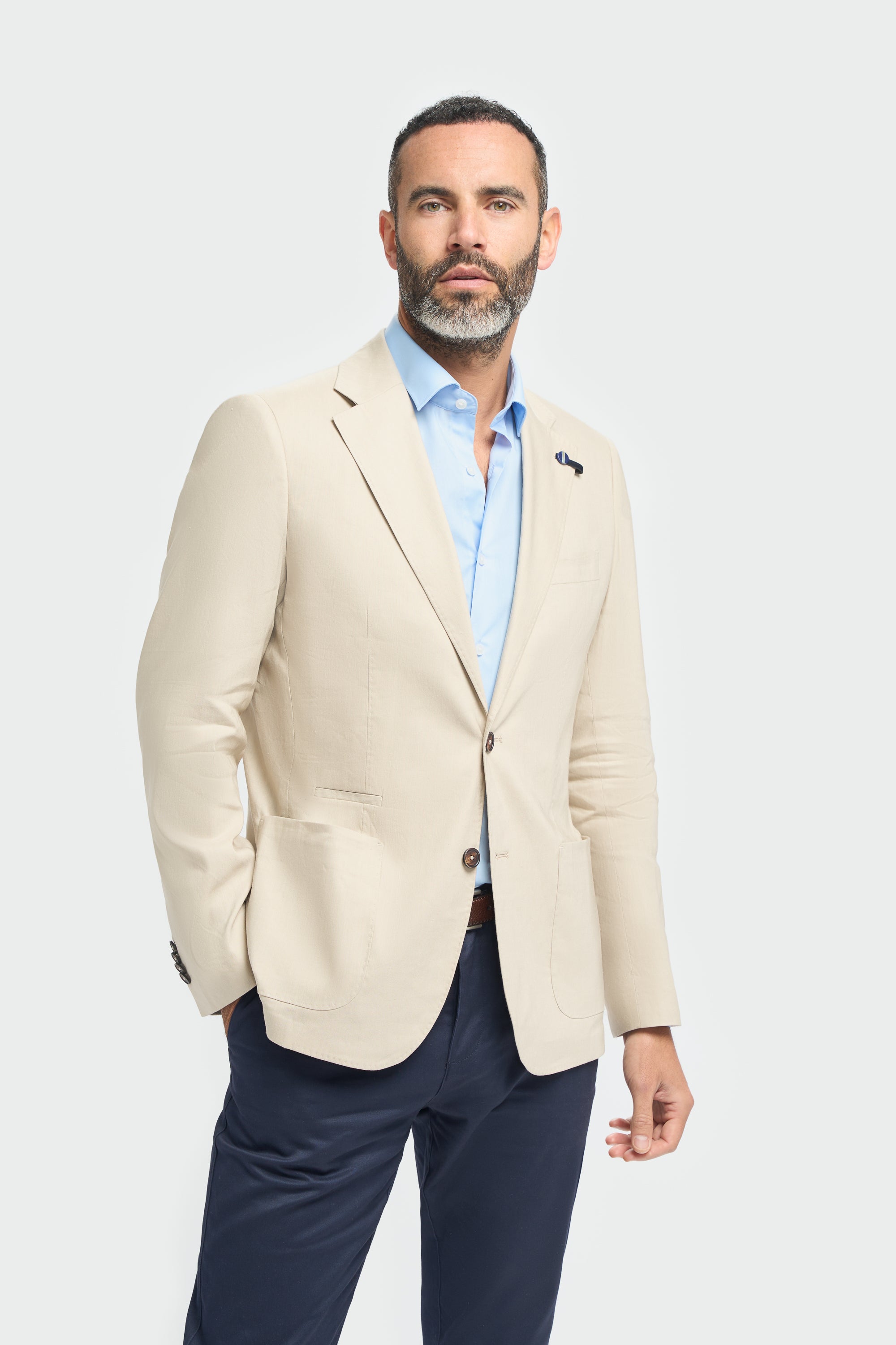 Men’s Linen Slim Fit Casual Blazer with Patch Pockets - Luca - Taupe Beige Model Picture