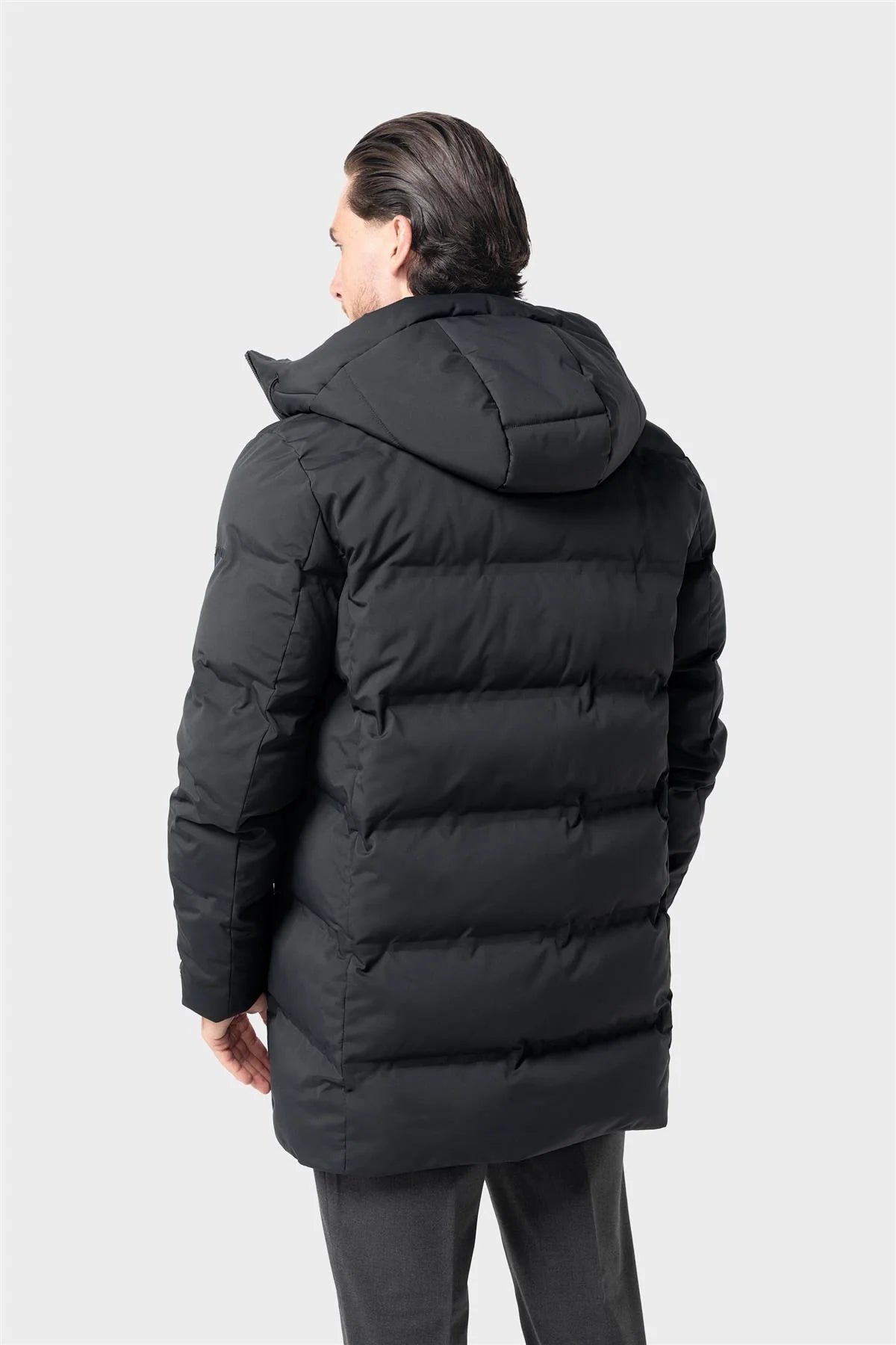 Men’s Long Hooded Puffer Winter Coat – Cavani Delray Black Model Back Picture