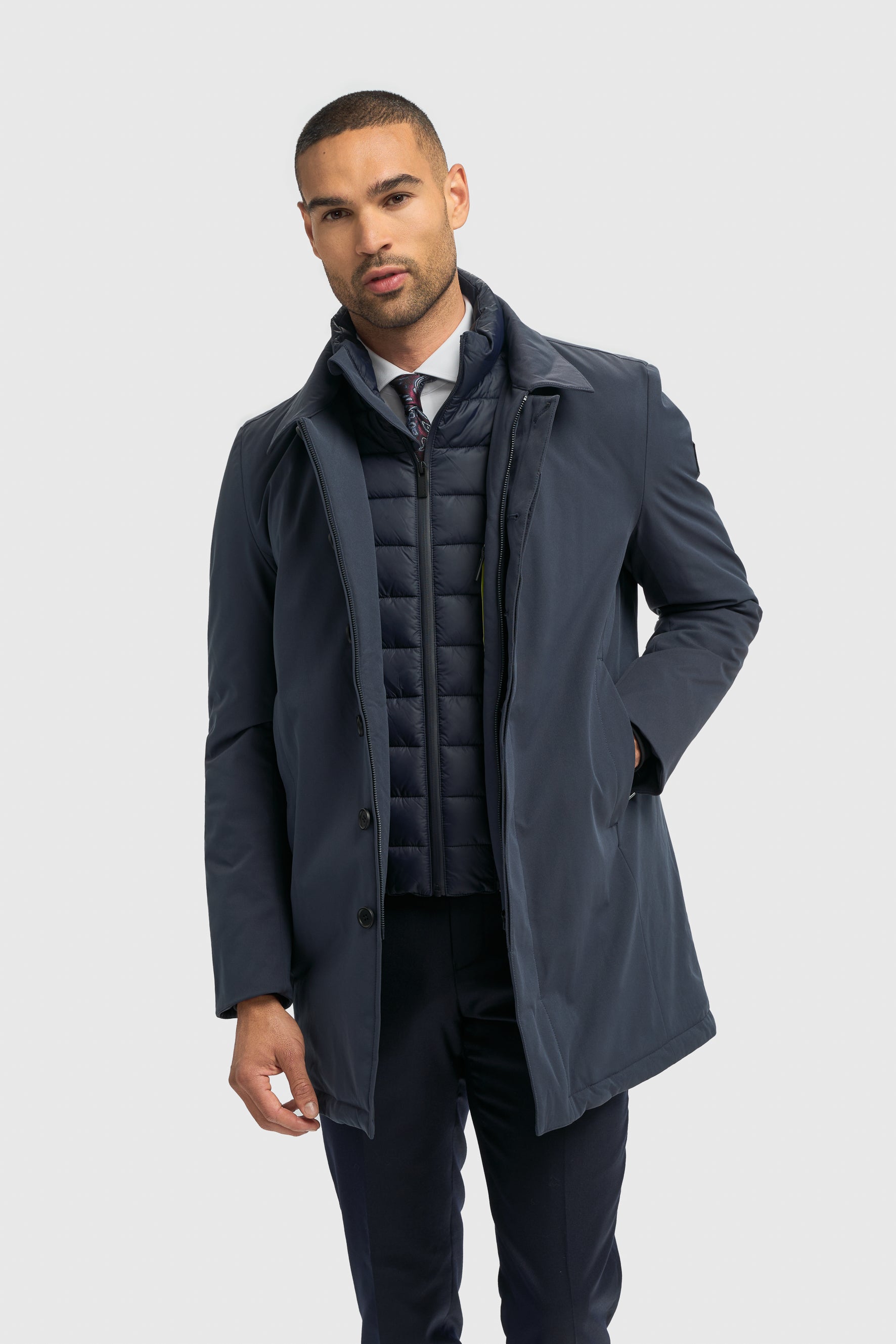 Men’s Long Padded Overcoat - Heston - Navy Model Picture