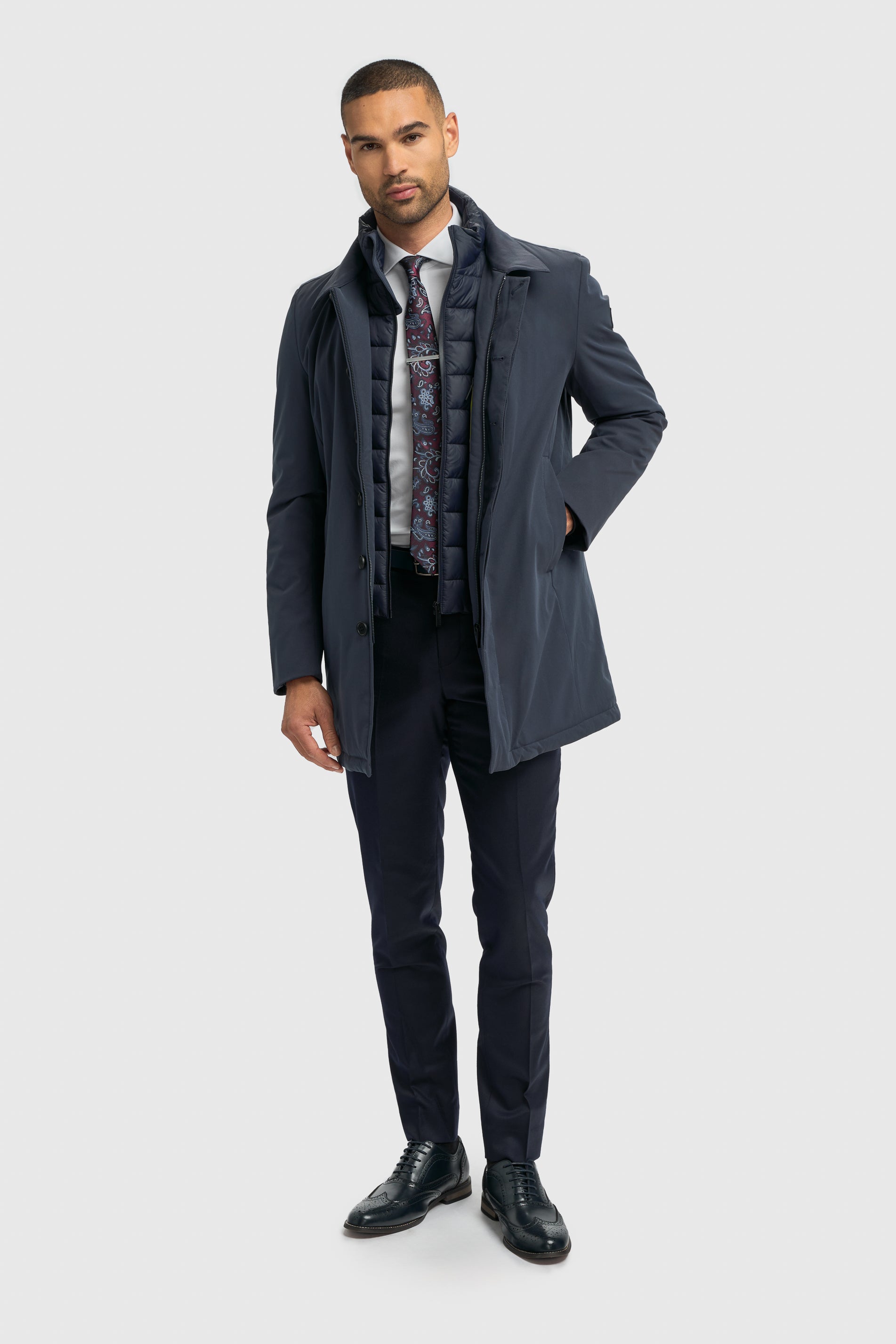 Men’s Long Padded Overcoat - Heston - Navy Front Picture