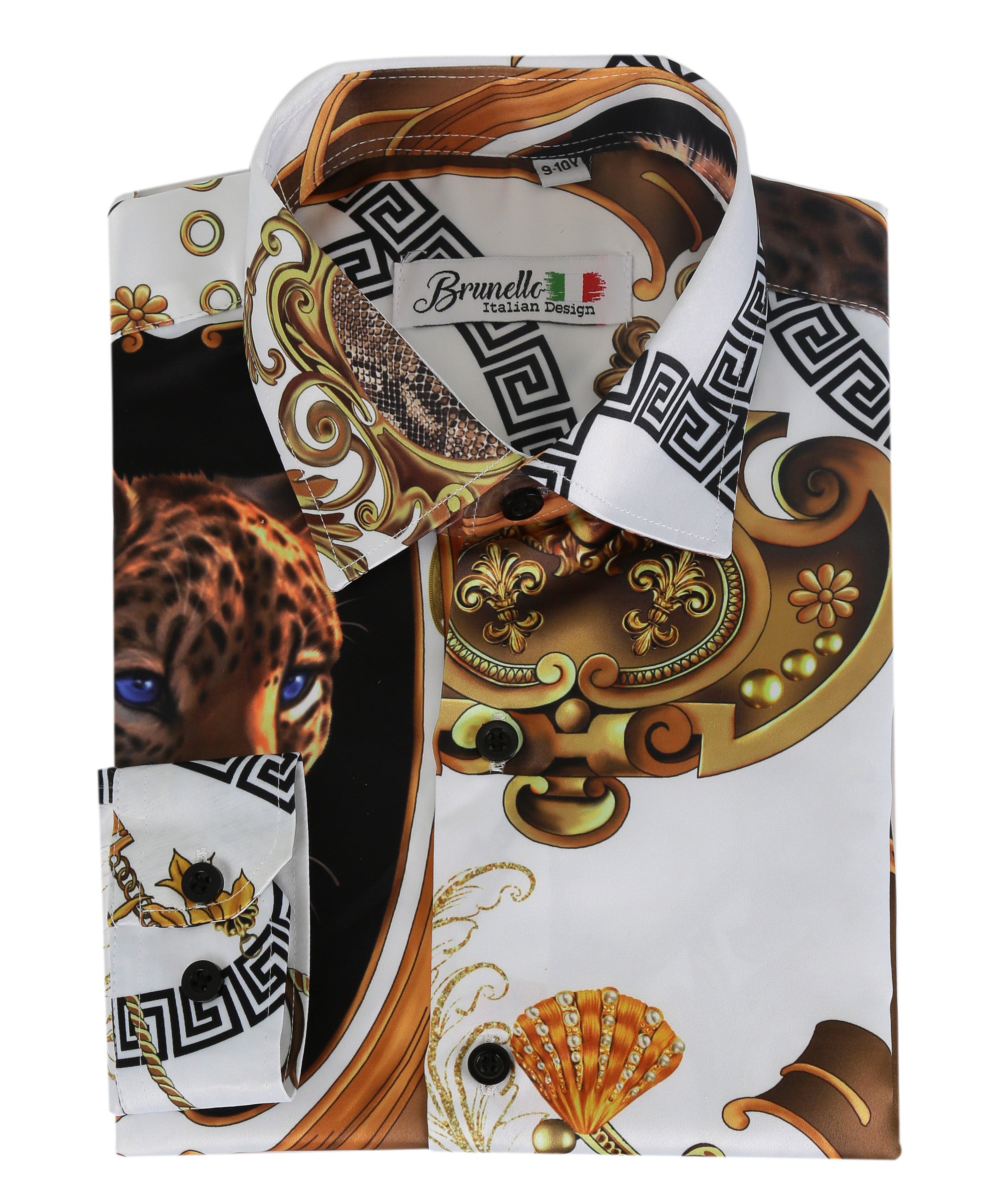 Men's Long Sleeve Printed Satin Shirt - White and Gold Front Picture