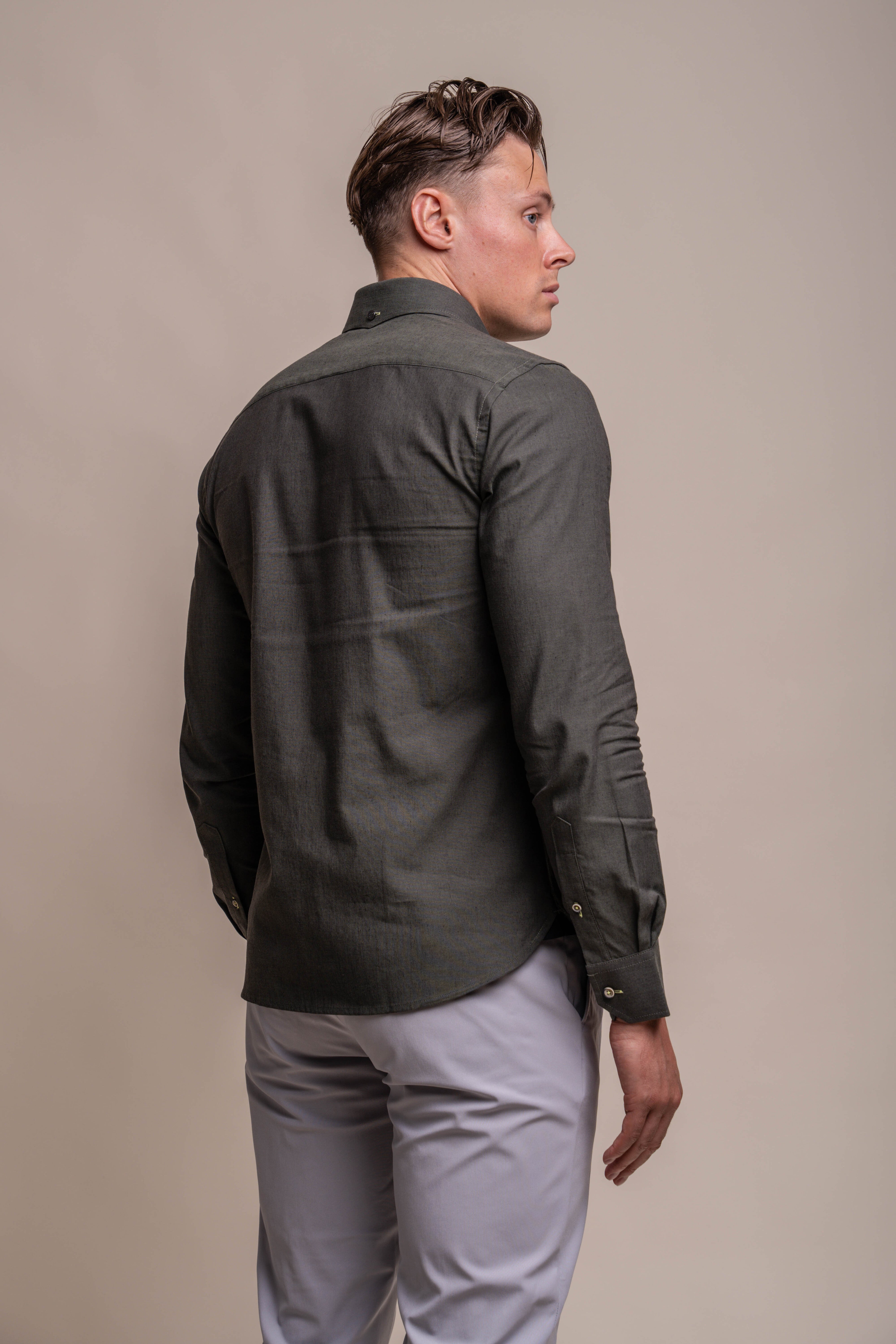 Men's Long Sleeves Linen Shirt - JORDI - Olive Green Back Picture