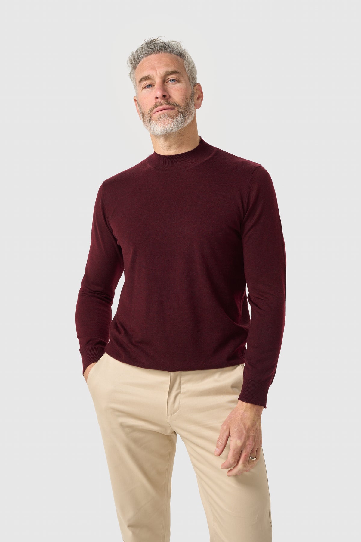 Men's Merino Wool High Neck Knitted Jumper – Cavani Colt Wine model picture