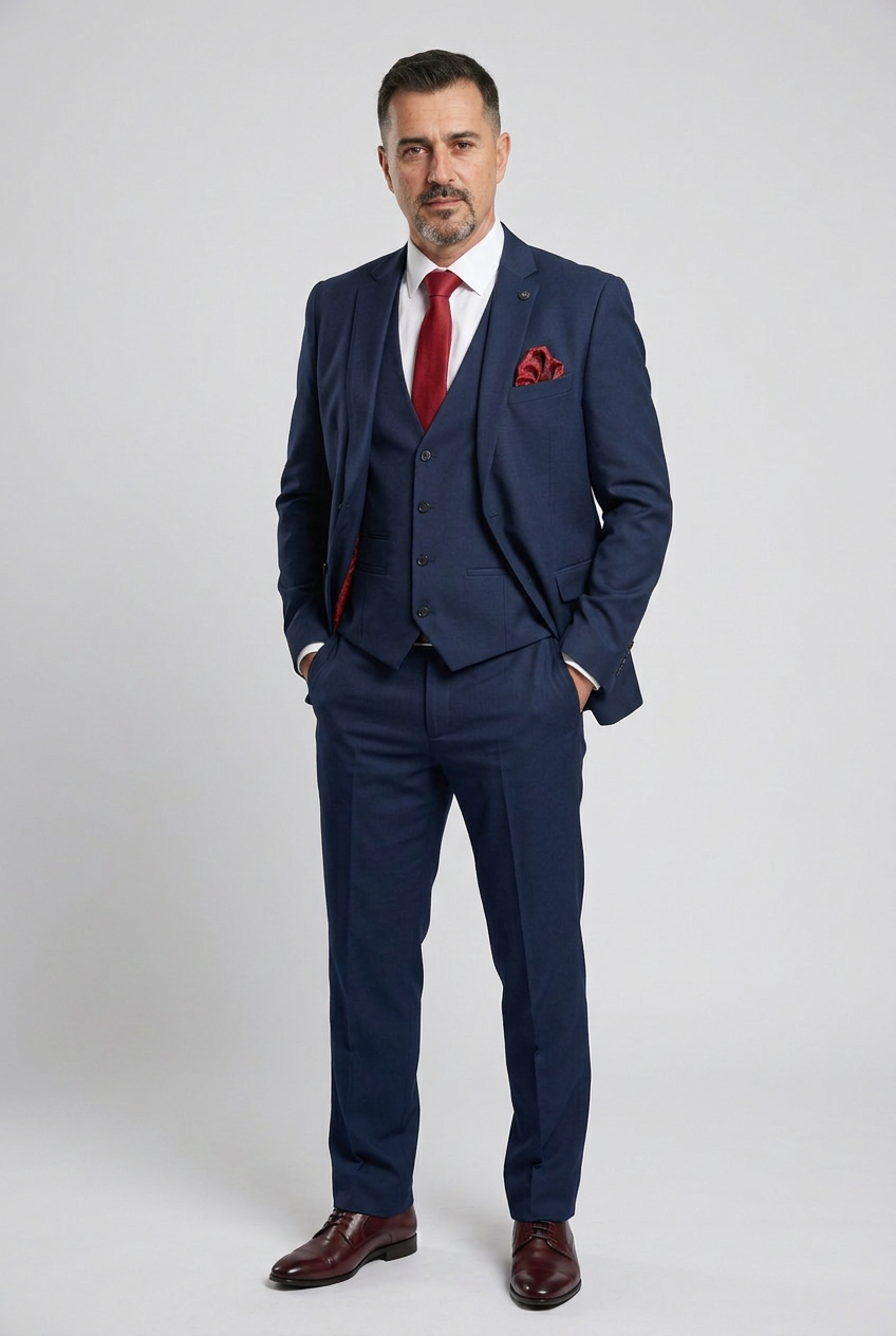 Herren Marineblaues 3-teiliges Anzugset mit schmaler Passform