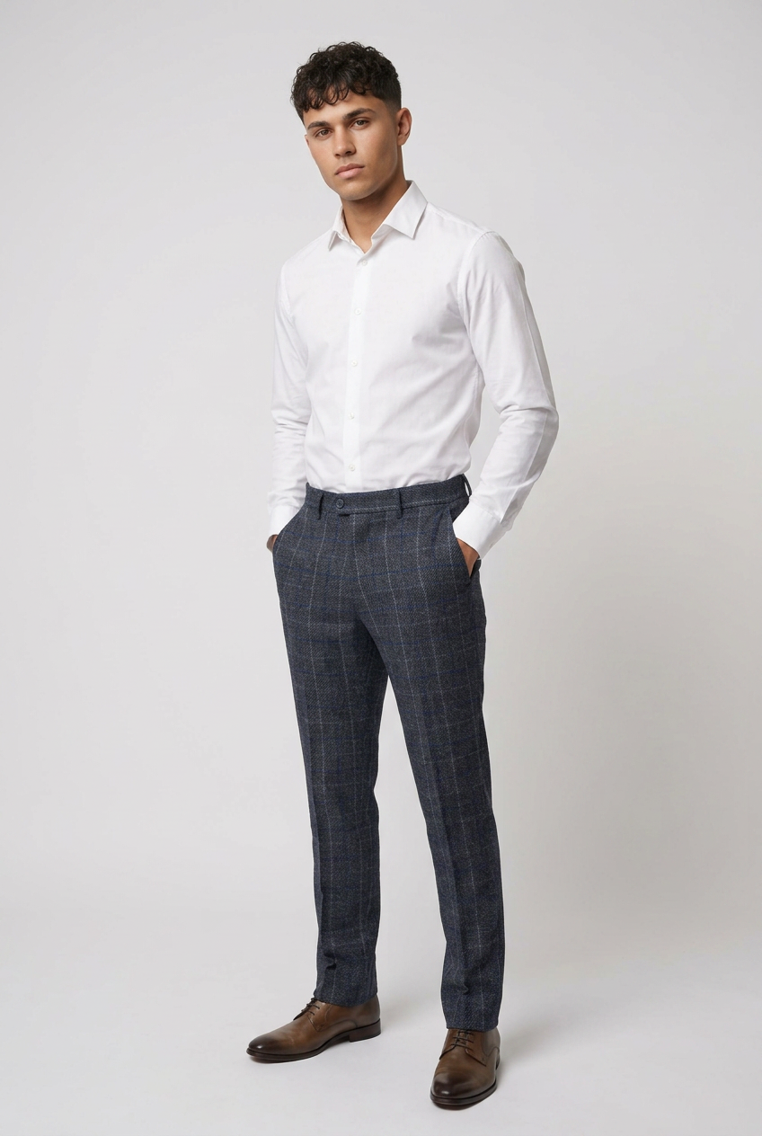 Herren Slim Fit Hose aus marineblauem Karo-Tweed