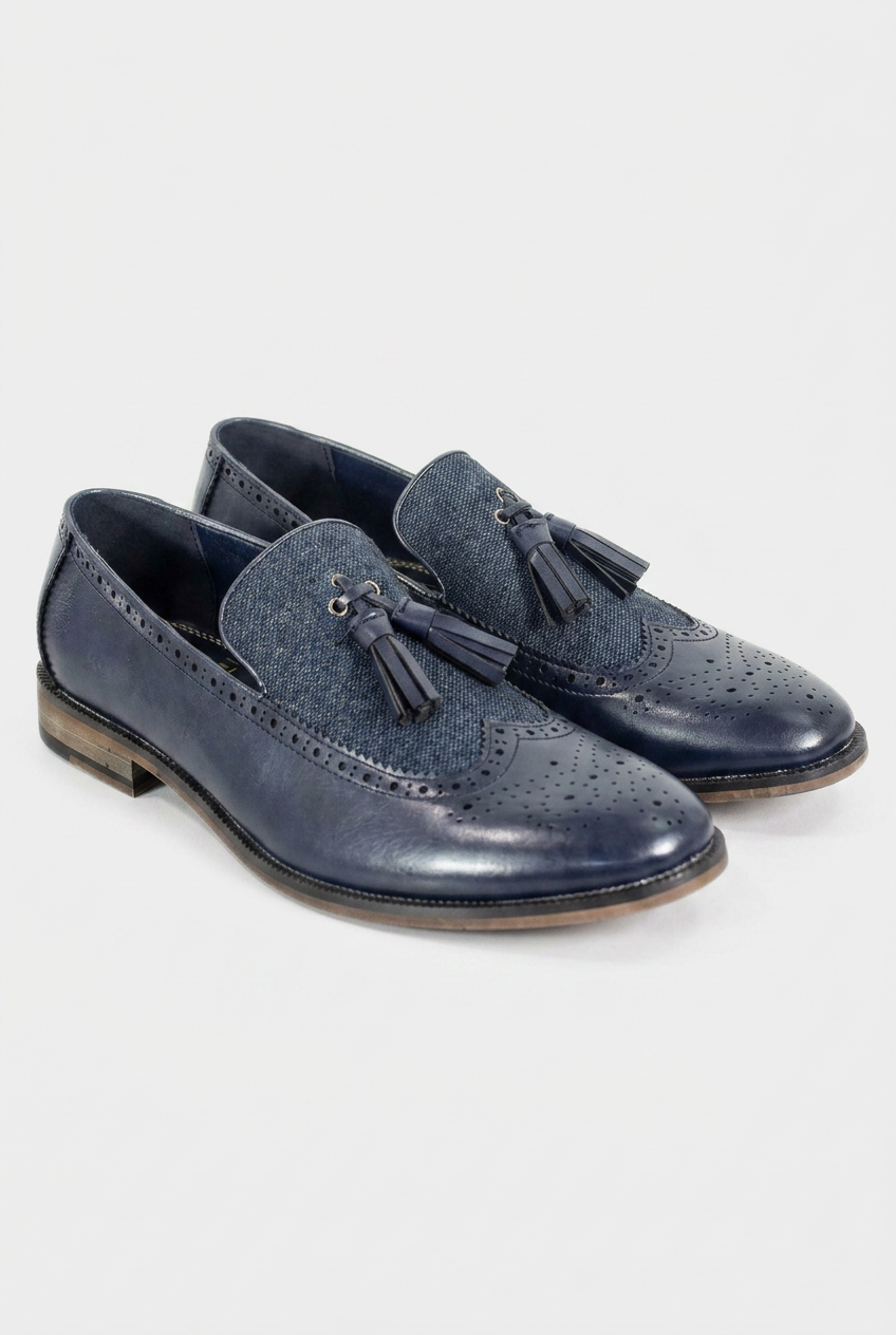 Herren Navy Leder- und Woll-Tweed Tassel Loafers