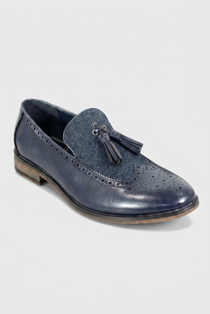 Herren Navy Leder- und Woll-Tweed Tassel Loafers