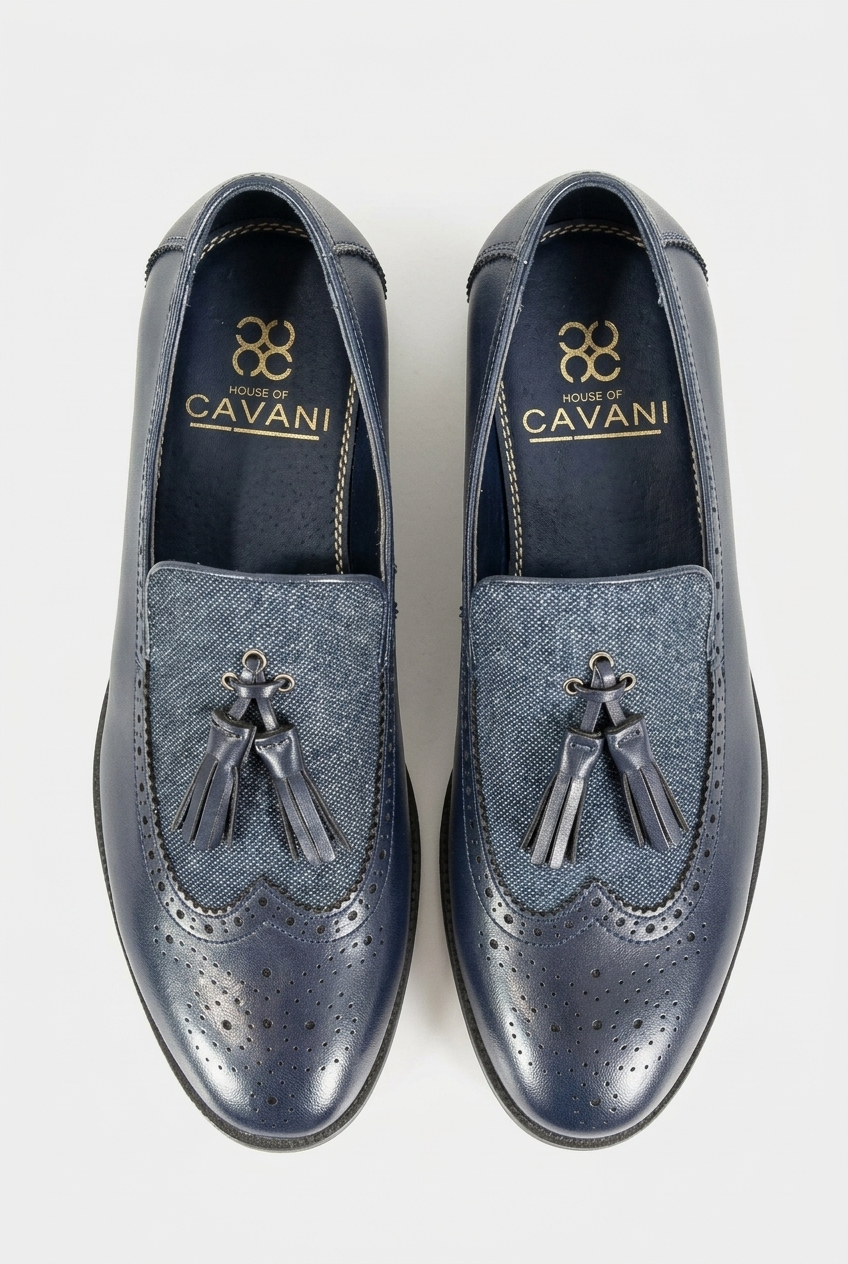Herren Navy Leder- und Woll-Tweed Tassel Loafers