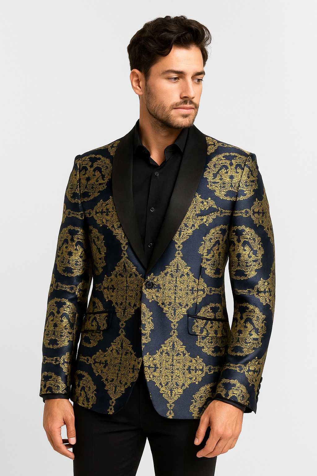 Men’s Navy & Gold Baroque Jacquard Slim Fit Shawl Lapel Jacket Model Picture