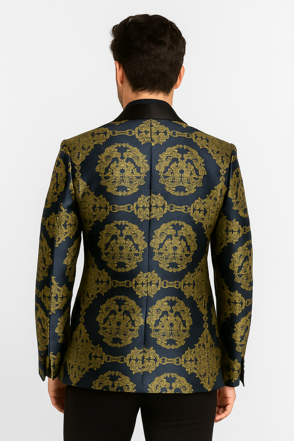 Men’s Navy & Gold Baroque Jacquard Slim Fit Shawl Lapel Jacket Back picture