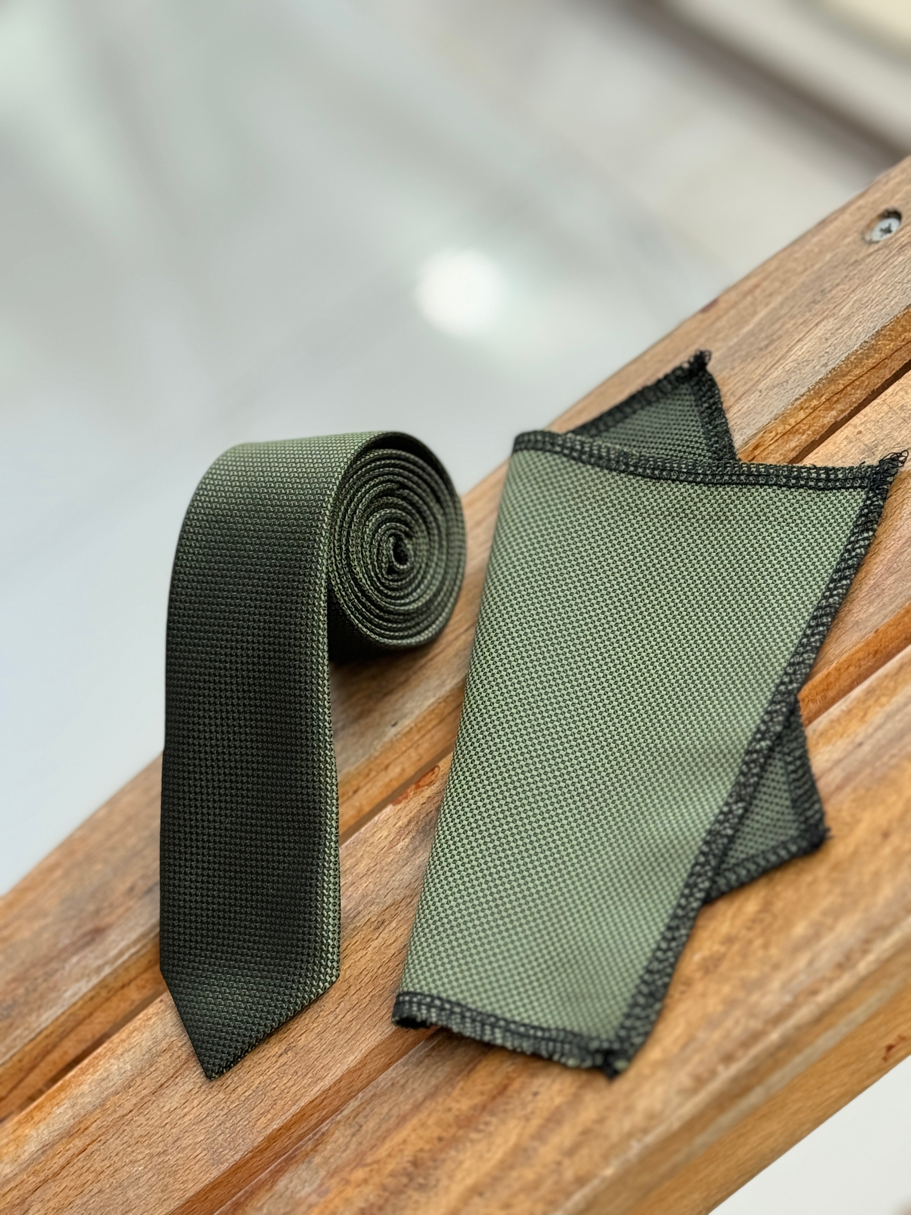 Men’s Oxford Weave Slim Tie Formal Neckwear- Khaki Green