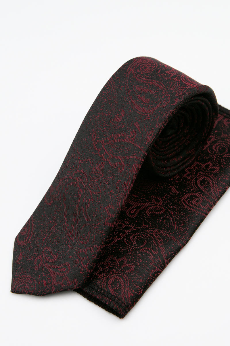 Men’s Paisley Slim Tie & Pocket Square Set in Burgundy Set Picture