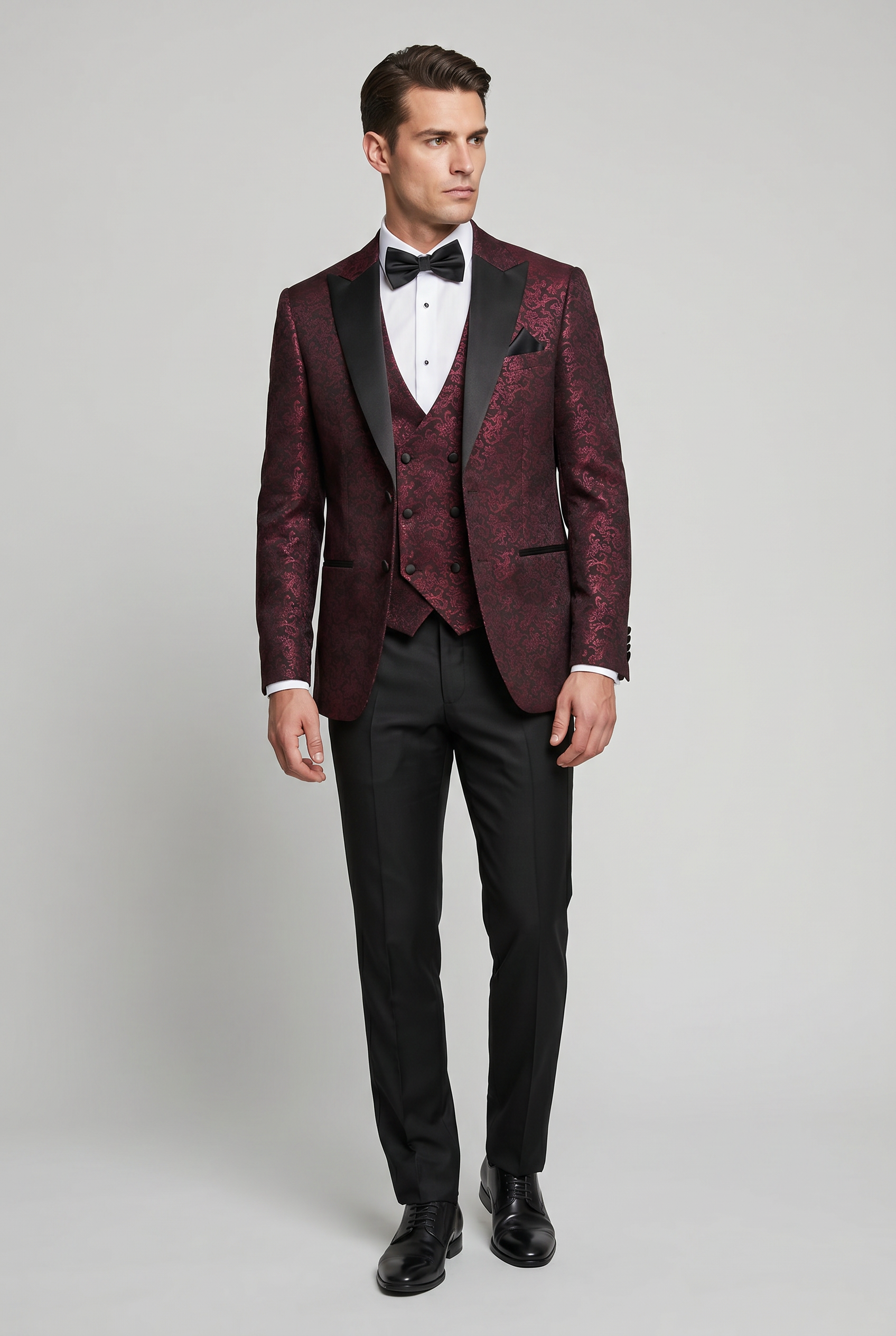Men's Patterned Shimmer Tuxedo Suit - AARON - Burgundy