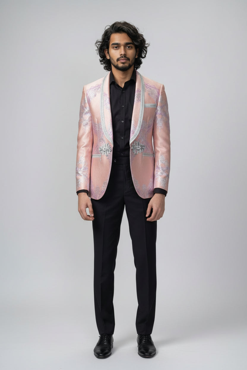 Men’s Pink & Silver Tuxedo Blazer -  HUDSON Model Front Picture Jacket Front Open