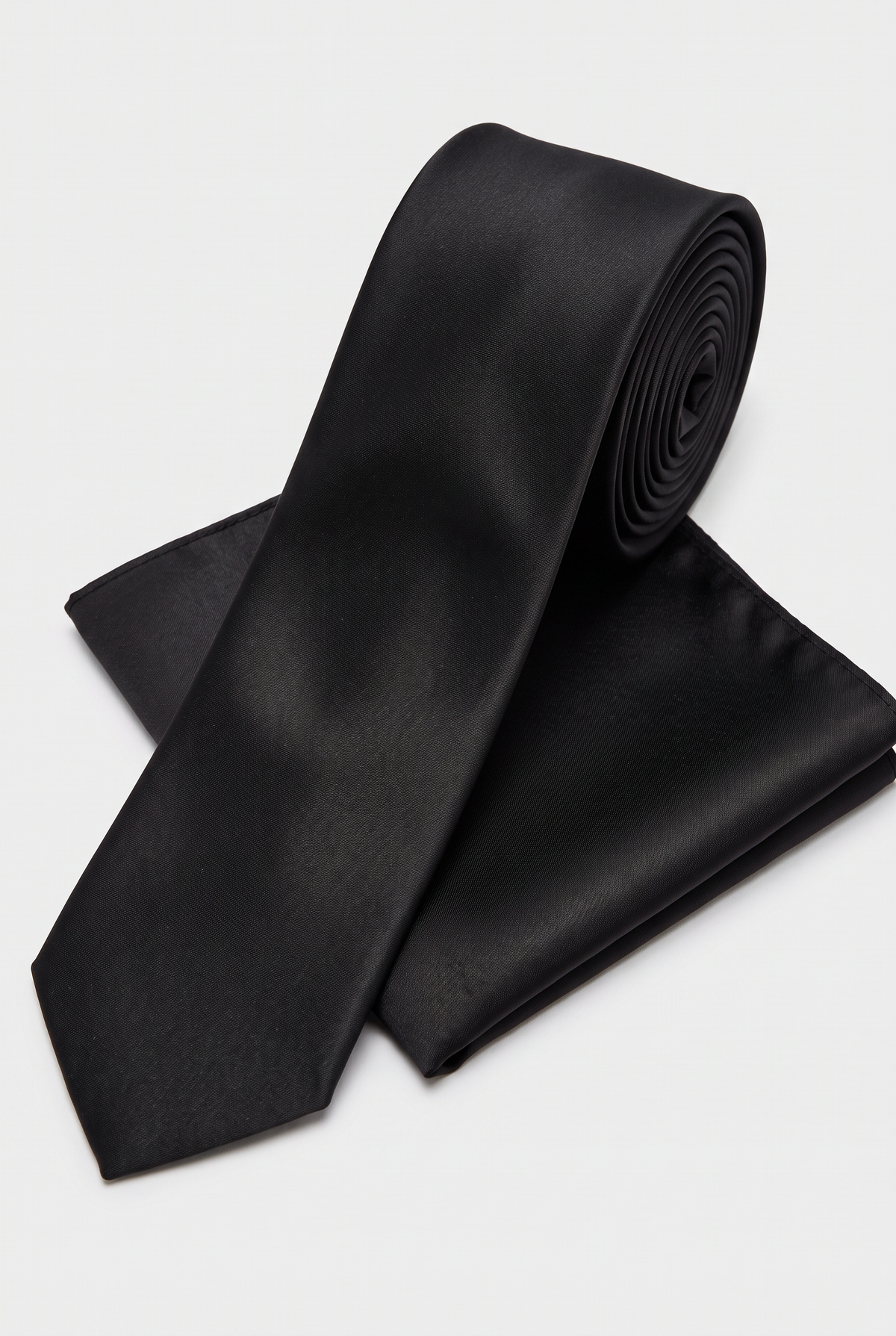 Black satin tie and matching pocket square set, rolled view 