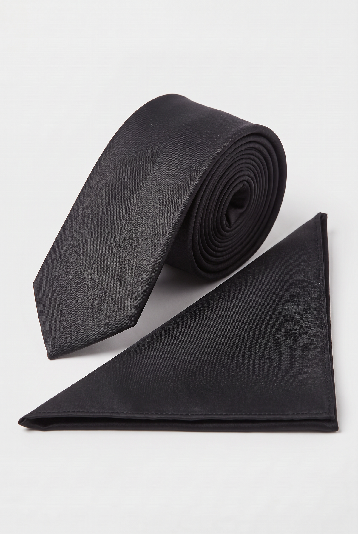 Black satin tie and matching pocket square set 