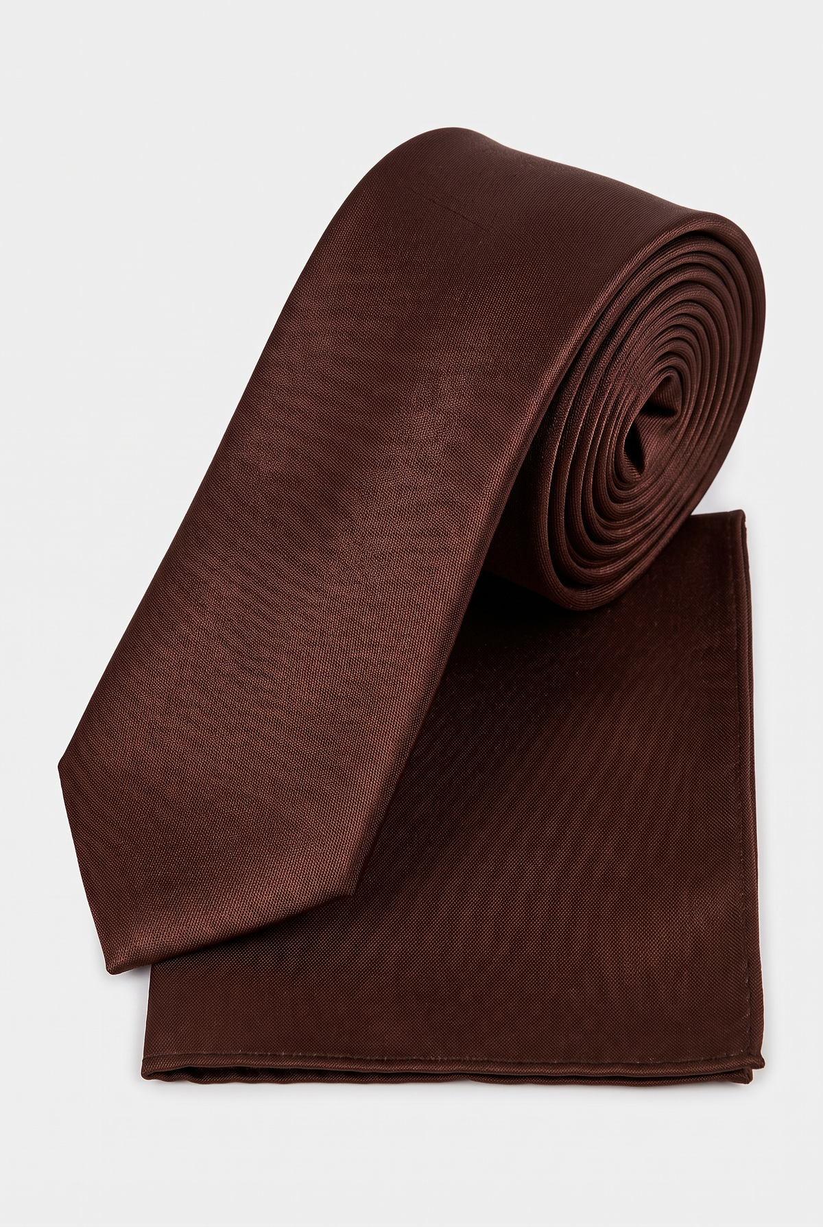 Brown satin tie and matching pocket square set, rolled view