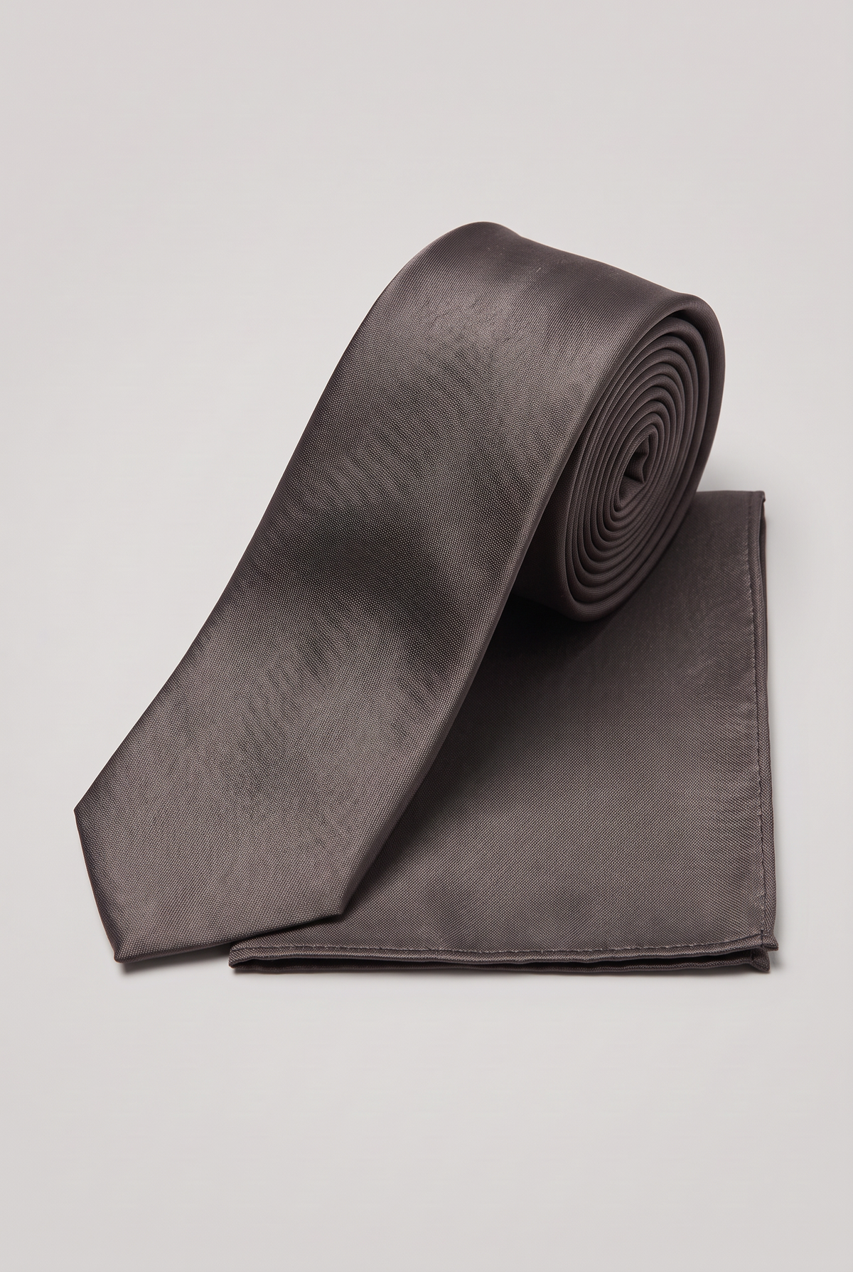 Dark Silver satin tie and matching pocket square set, rolled view 