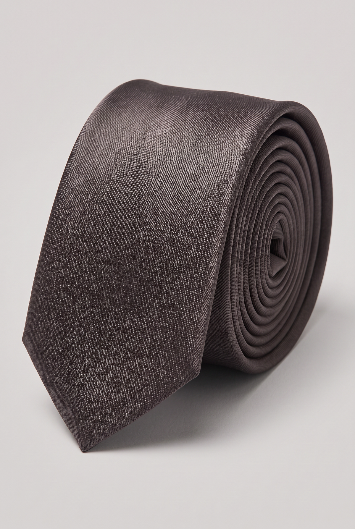 Dark Silver satin men's necktie, rolled close-up view 