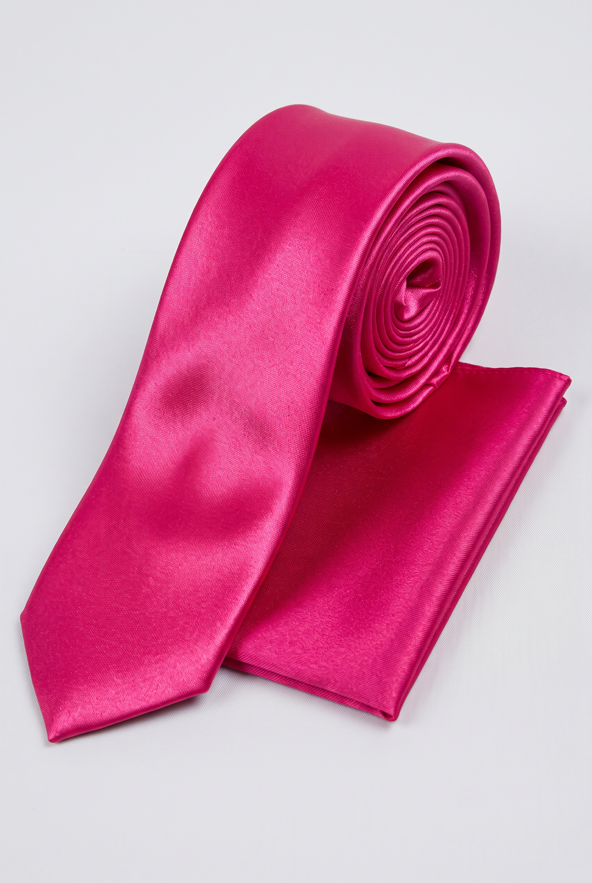 Fuchsia satin tie and matching pocket square set, rolled view 