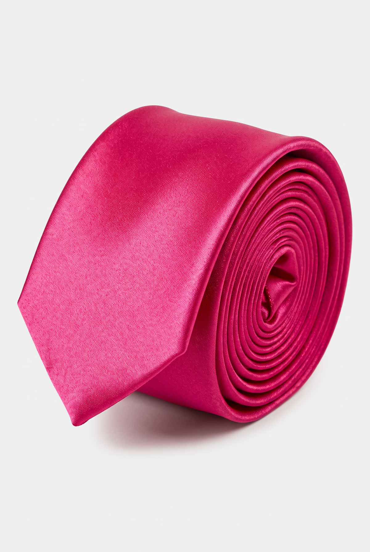 Fuchsia satin men's necktie, rolled close-up view 
