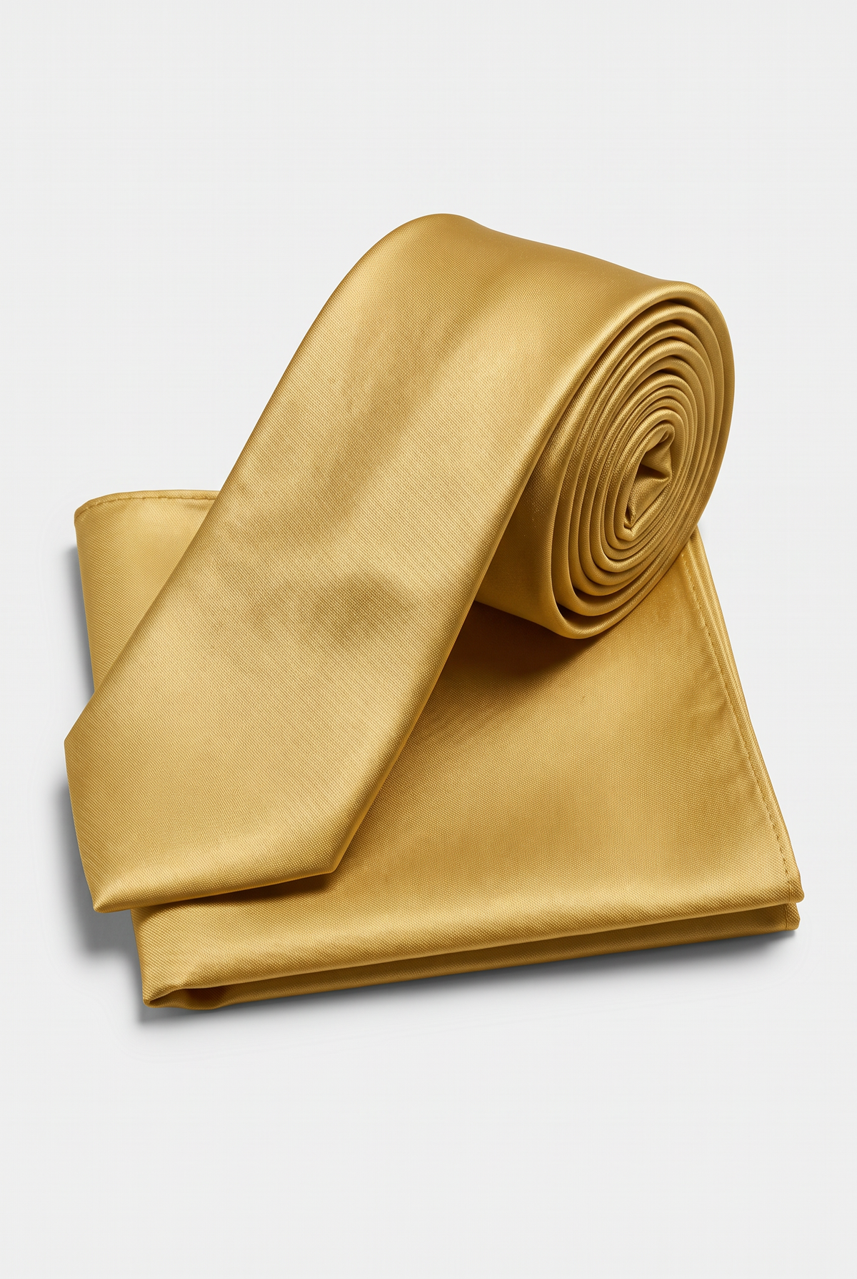 Gold satin tie and matching pocket square set, rolled view 