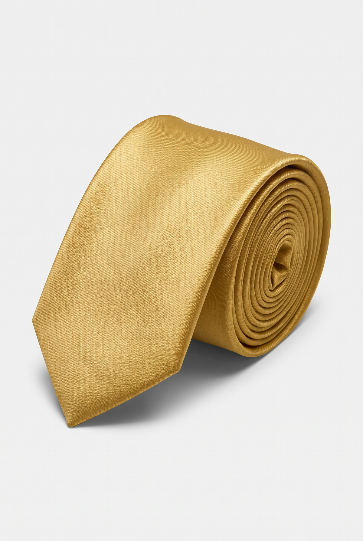 Gold satin men's necktie, rolled close-up view 